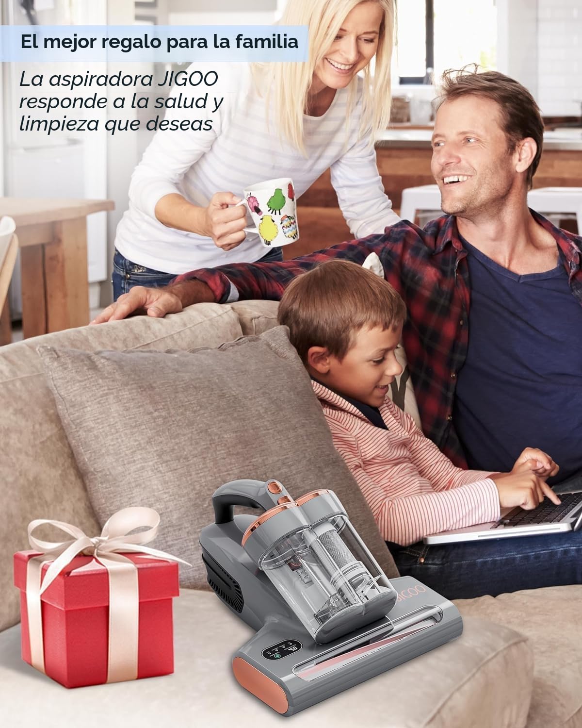 JIGOO S300 Pro Aspirador de Ácaros con Sensor de Ácaros y Pantalla Digital, 500W Aspiradora antiácaros con Luz UV, 13KPa de succión, para Alergias, Elimina alérgenos en colchones, Camas y sofás