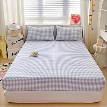 Plaid Style Fitted Sheet with Pillowcase Elastic Bedsheets Bed Linen Breathable Mattress Protector(Color07,180x200cm 3pcs Set)