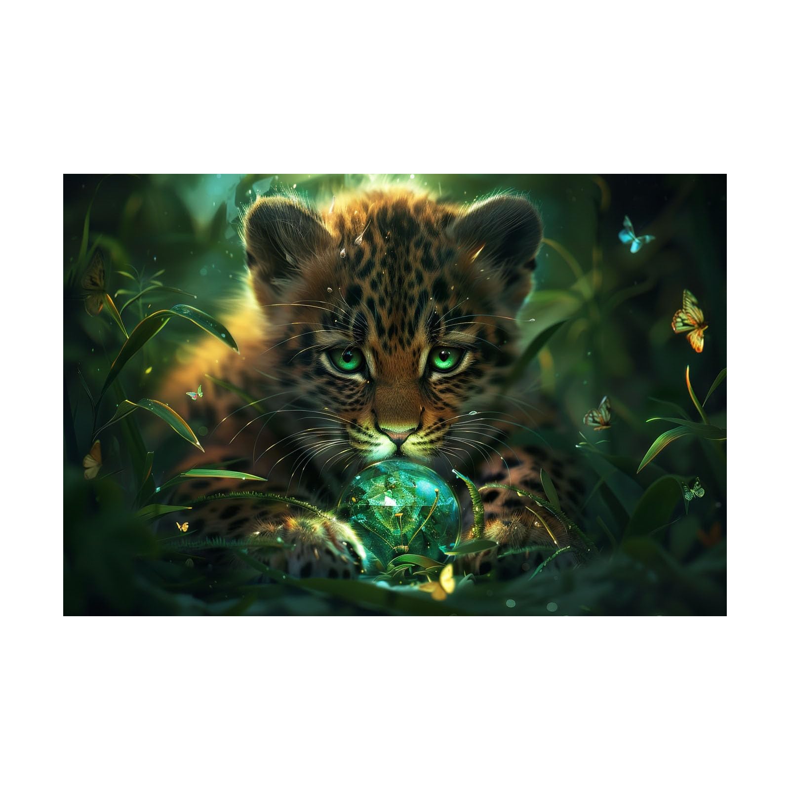 TERUEA Funny Bathroom Wall Art Decor, Leopard Cub Green Jungle Ball Butterfly Wildlife (Green)-80x120cm Unframed
