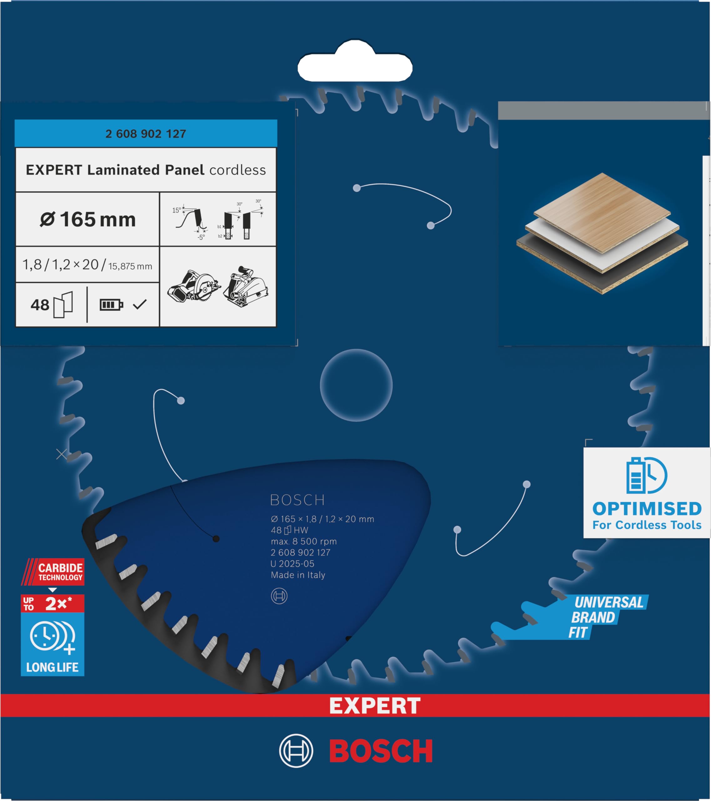 Bosch 1x EXPERT Laminated Panel Cordless lama per sega circolare (per Pannelli rivestiti in plastica, Ø 165 mm, Professional Accessorio Seghe circolari a batteria portatili)
