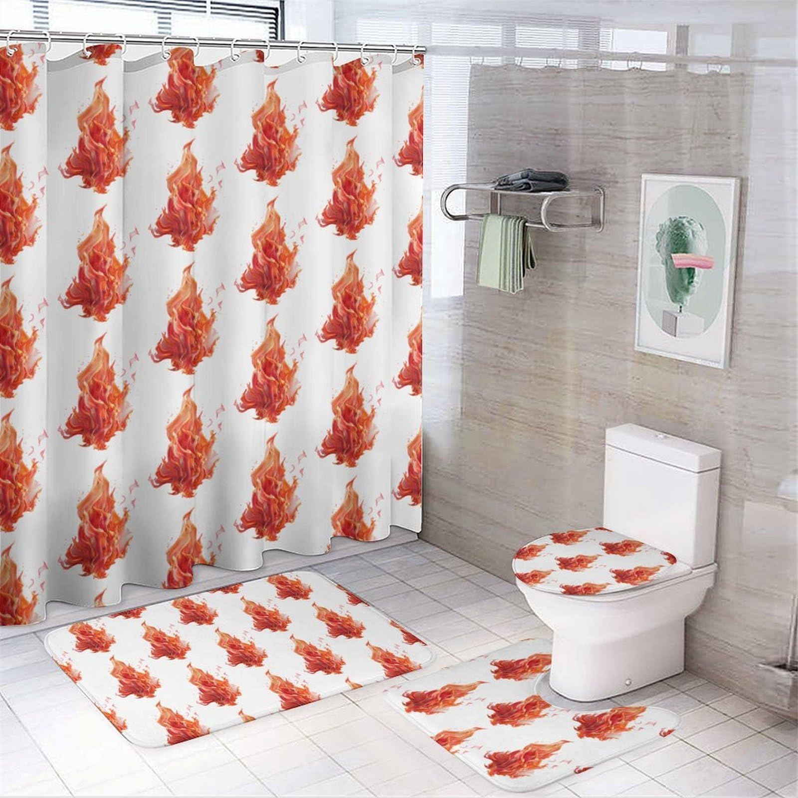 JZemdybill Bathroom Mat Set 4 Piece, Flame Shower Curtain with Non-Slip Bath Mats for Bathroom