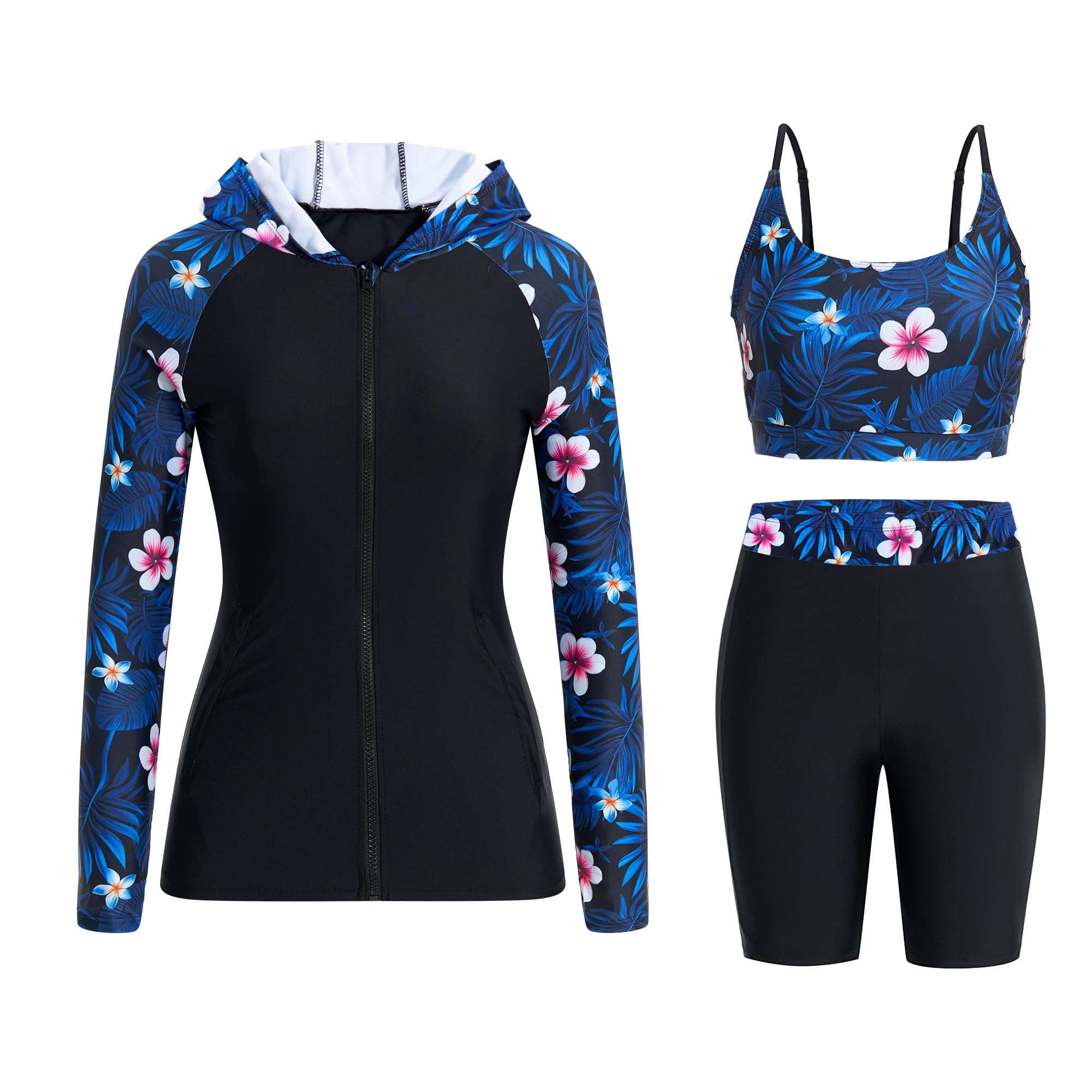 Owntop Maillot de bain 3 pièces à capuche anti-UV UPF50+ pour femme | Haut de bikini et short taille haute | Maillot de bain modeste à manches longues avec fermeture éclair