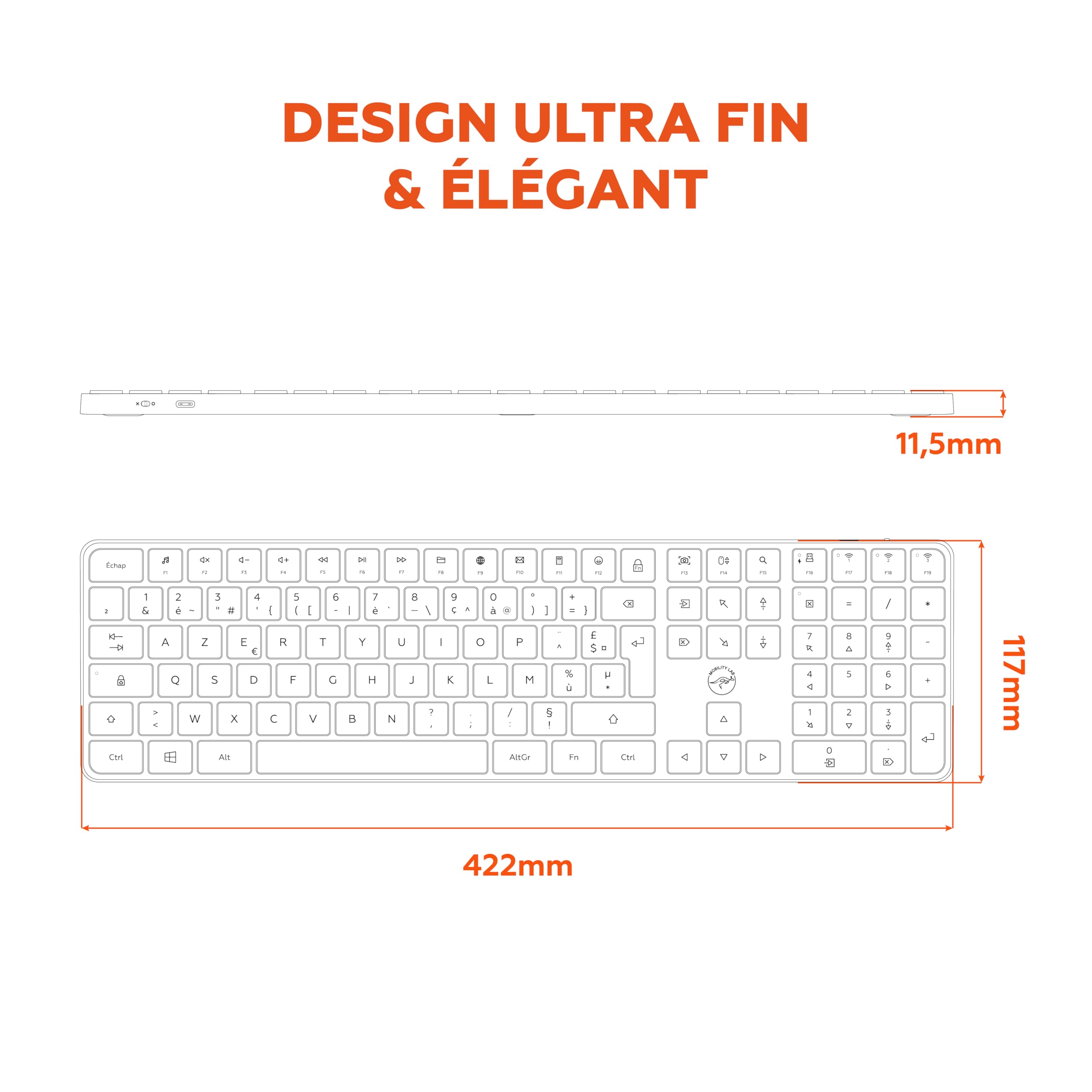 Mobility Lab - KP430W - Teclado inalámbrico multiconexión, AZERTY, Receptor 2.4 GHz USB + 3 x Bluetooth, 15 accesos directos Multimedia, Carga rápida vía USB-C - Windows