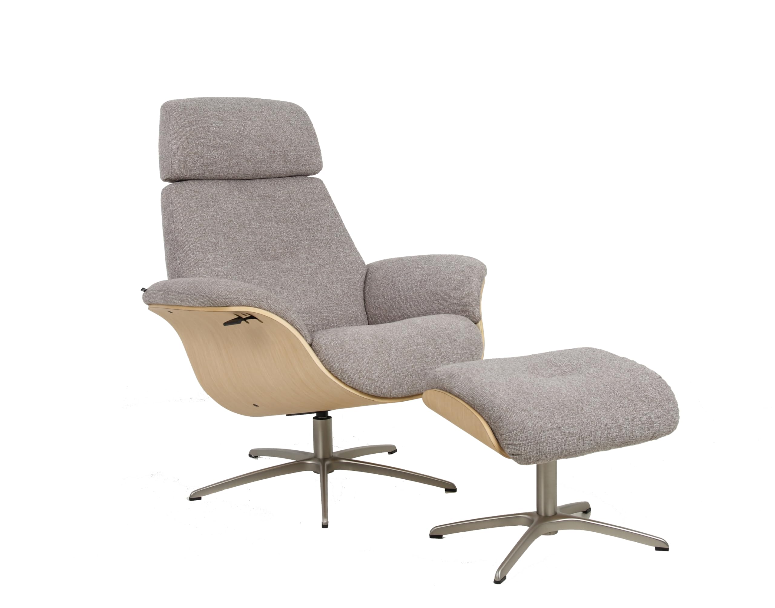 FjordsFalcon Recliner Chair and Ottoman Maple Grey Fabric Whitewash Oak  Finish Brushed Steel Base