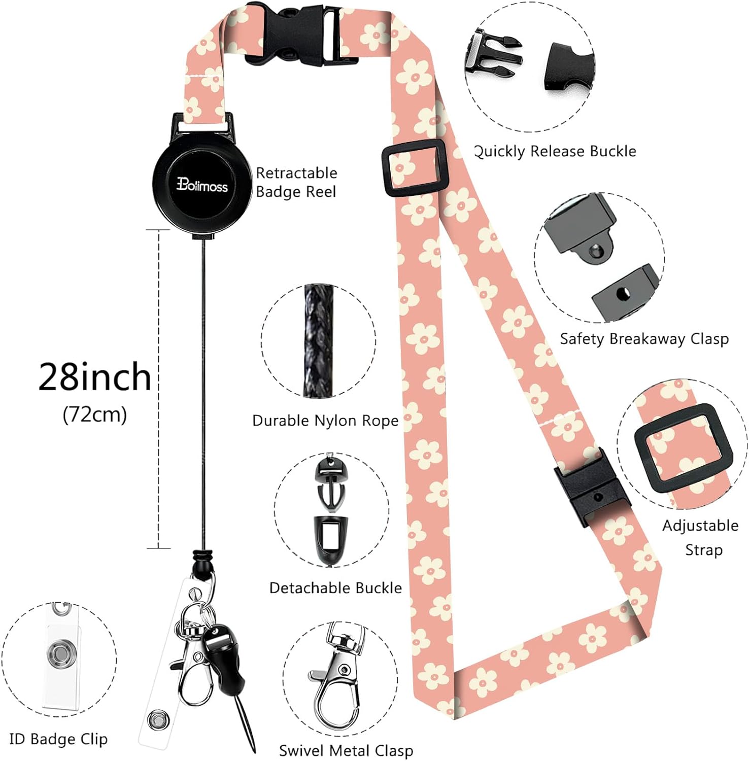bolimoss Cute Leather Badge Holder and Adjustable Retractable Lanyards, Quick Release Buckle and Safety Breakaway Lanyards with Swivel Metal Clasp for Offices, Teacher, Student (Pink Groovy Flowers) - Image 4