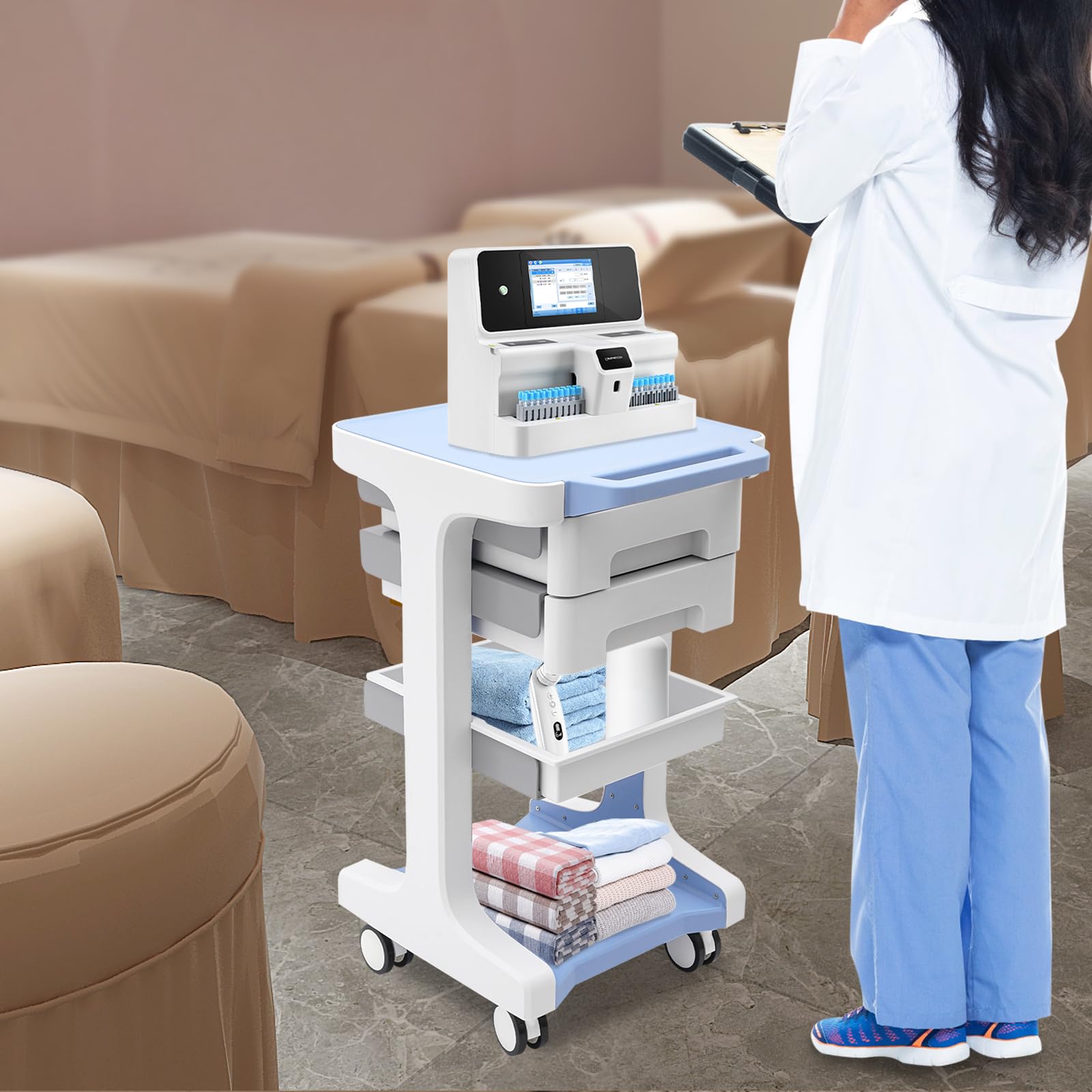 Carrello medico Beauty Salon Trolley con 2 cassetti, carrello/carrello, carrello da lavoro e parrucchiere, 41 × 41 × 67 cm, blu