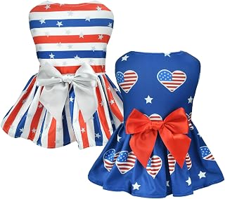 2-Pack 4th of July Dog Dresse American Flag Pattern Puppy Dress with Bow Independence Day Dog Skirt Stars & Stripes Dog Pet Holiday Outfit Apparel Clothes for Small Medium Dogs Cats S