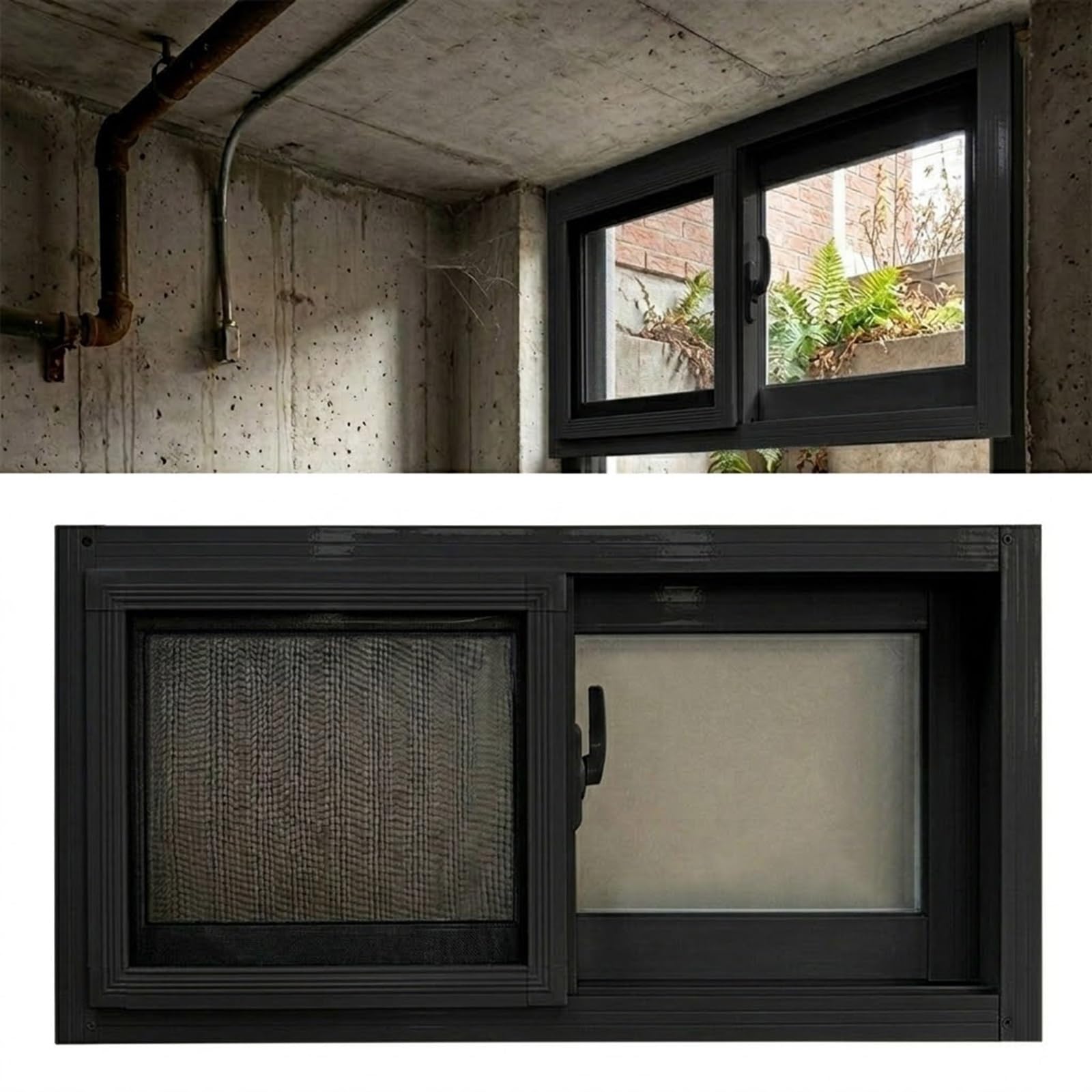 Ventana de sótano de aluminio con mosquitera para evitar humedad y plagas
