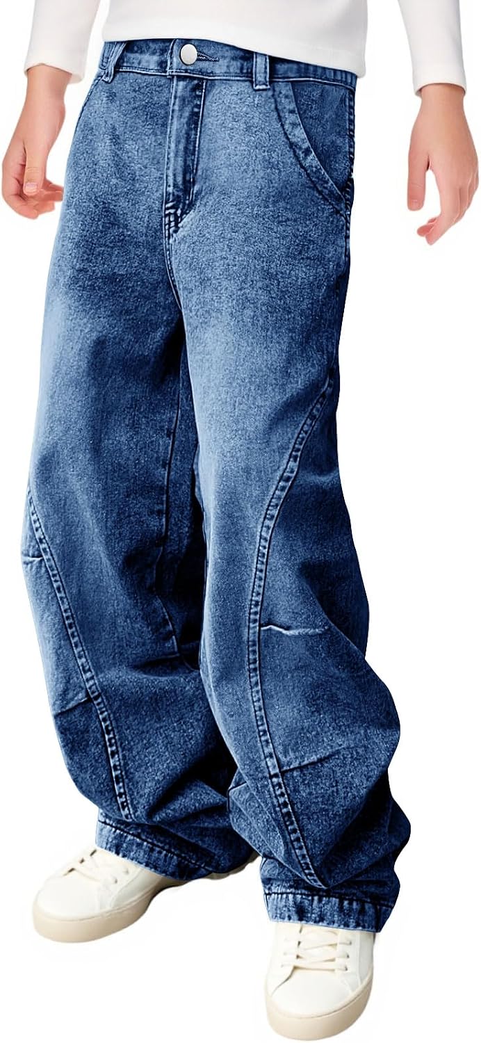 Haloumoning Boys Cargo Jeans Kids High Waisted Baggy Pants Casual Demin Pants with Multi Pockets 5-14 Years