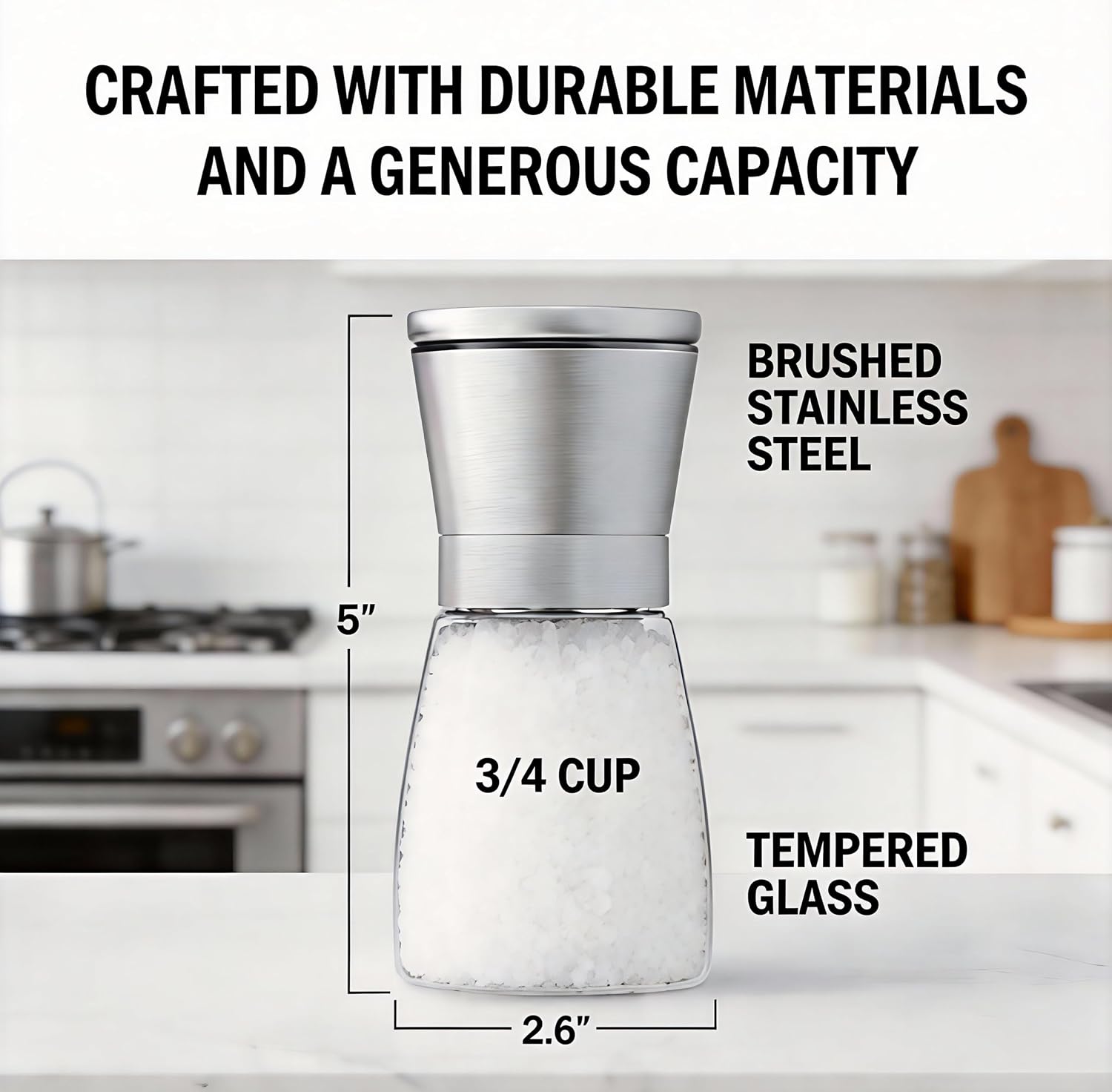 Gorgeous Salt & Pepper Grinder Set — Refillable Stainless Steel & Glass Spice Mill with Adjustable Coarseness — Perfect For Himalayan Or Sea Salts, Fresh Ground Pepper, Or Fresh Spices (1 Pack) image 3