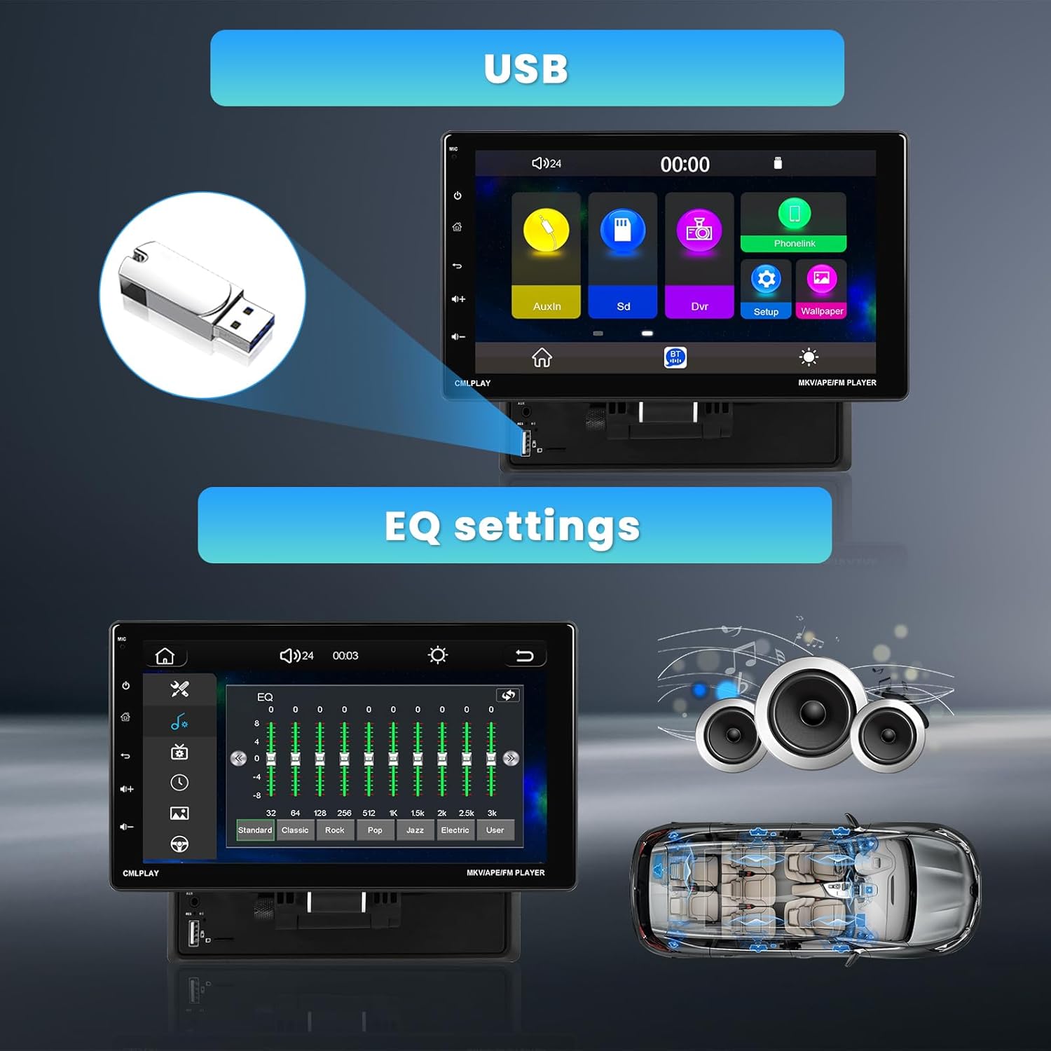Inefala car stereo with USB input and equalizer settings
