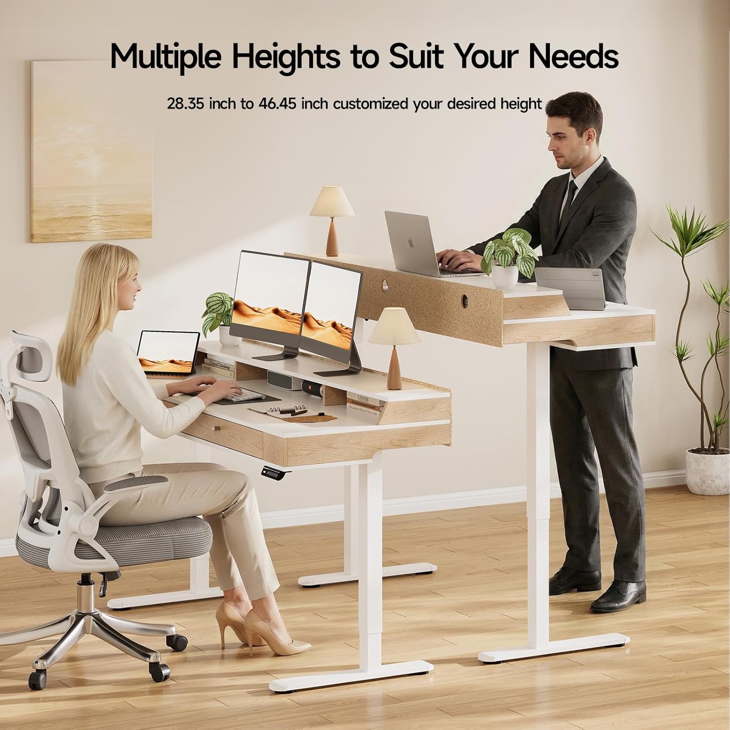 Electric Standing Desk 47x24 Inches with 2 Drawers and Monitor Shelf,Adjustable Computer Desk from 28-46'',Ergonomic Standing Up Home Office Desks with Storge&Digital Memory Controller,White