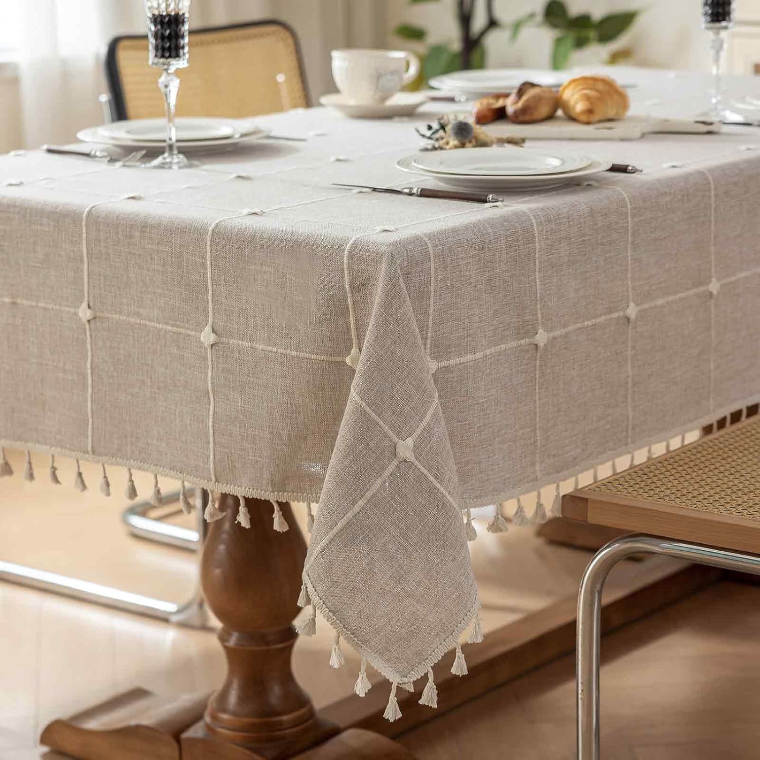 Rectangle Tablecloth Boho Grid with Tassels 55 x 120 Inch, Light Tan Embroidered Table Cloth Cover Heavy Weight Linen Look Farmhouse Plaid Checked, Water Resistant, Picnic, Indoor Kitchen Dining Beige