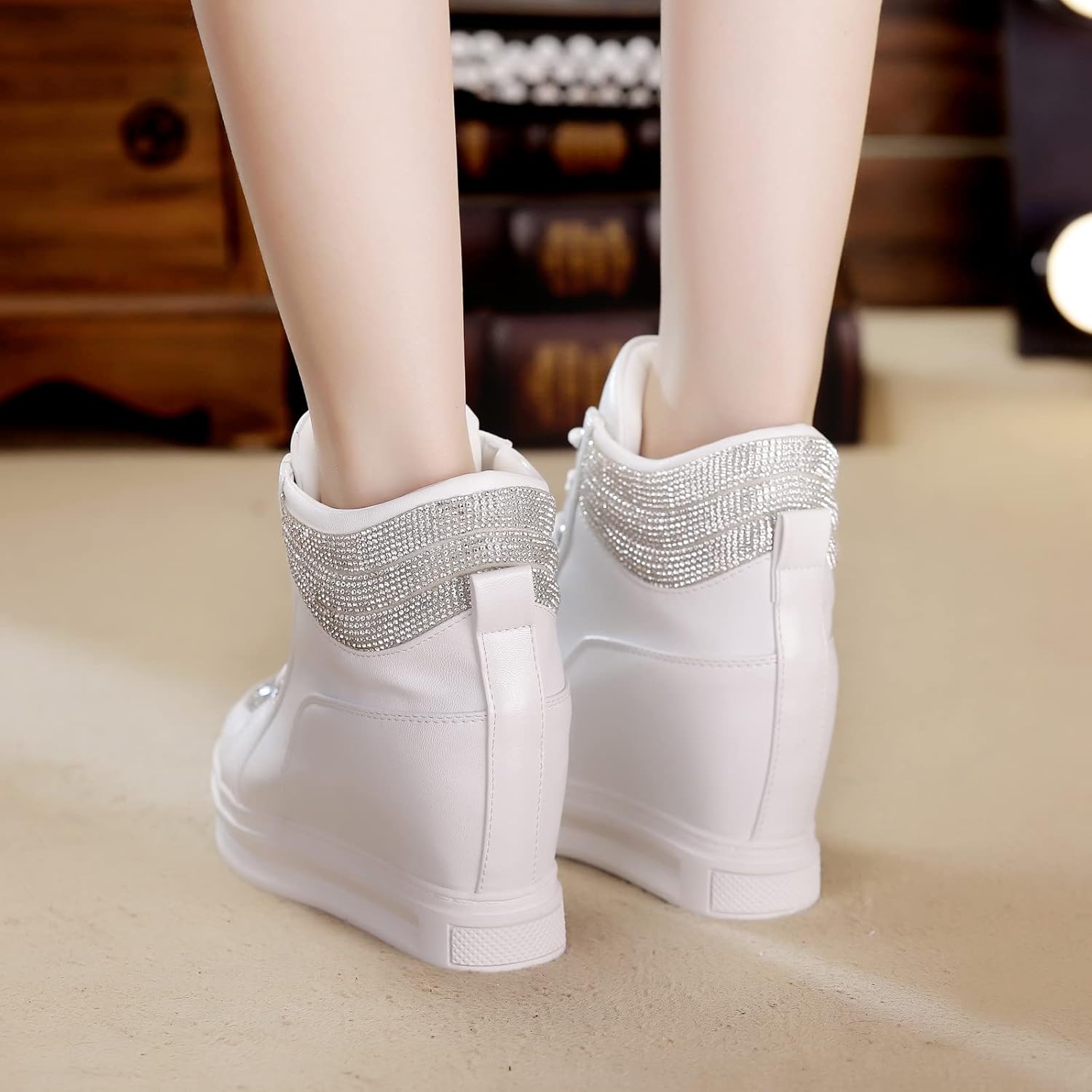 rismart Women's High Top Wedge Fashion Sneakers Glitter Lace up Ankle Bootie