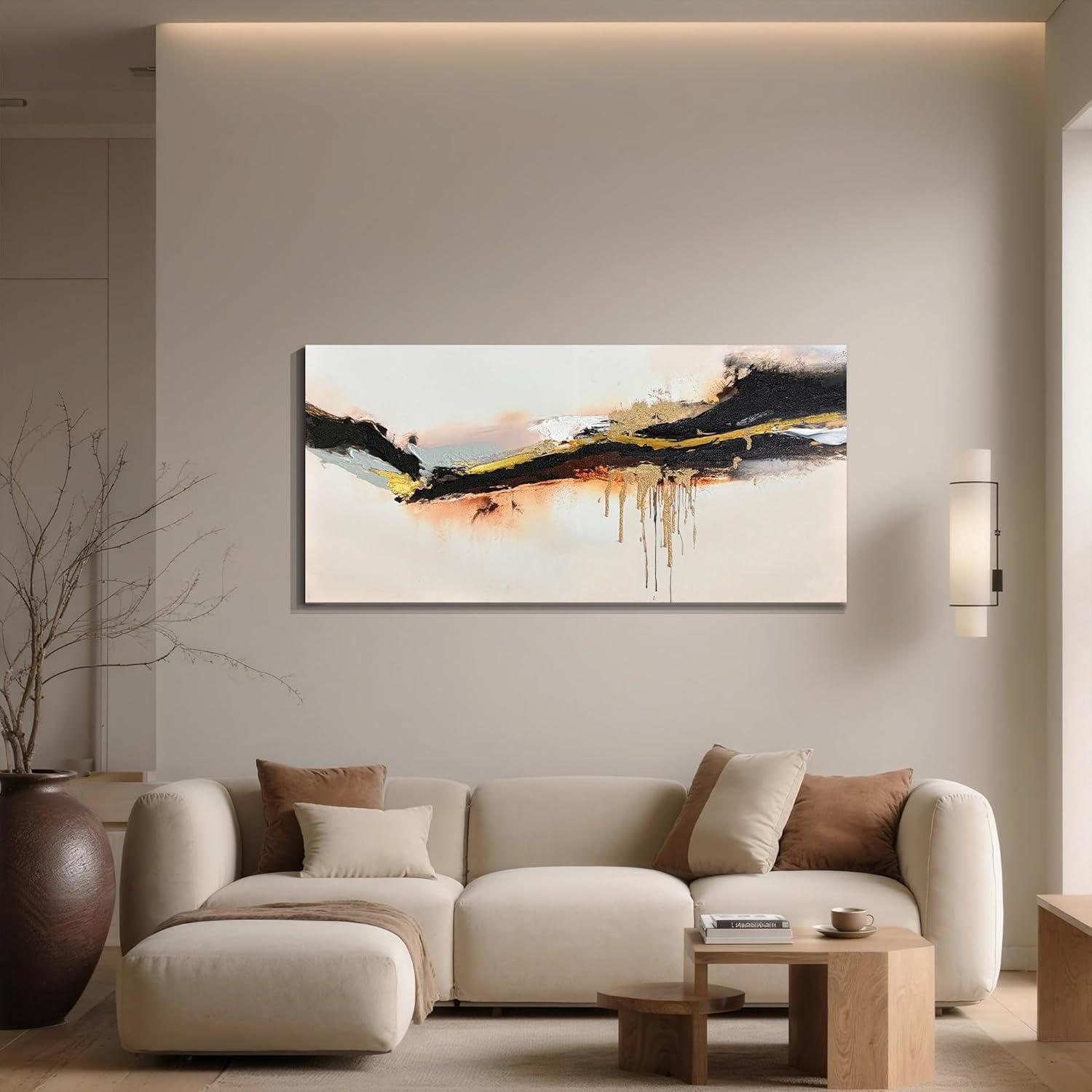 Enartly Abstract Canvas Wall Art 40"x20", Black & Gold Dripping Flow Painting with Hand-Painted Rich Textural Brushstrokes, Modern Minimalist Contemporary Art for Living Room, Bedroom, Office Decor