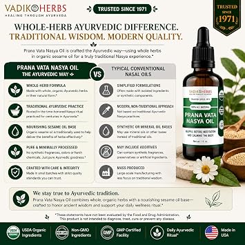 Prana Vata Nasya Oil Organic - Herbal Nasal Drops for Clarity of Mind, Improve Concentration, Soothe Headaches, (1 Pack)