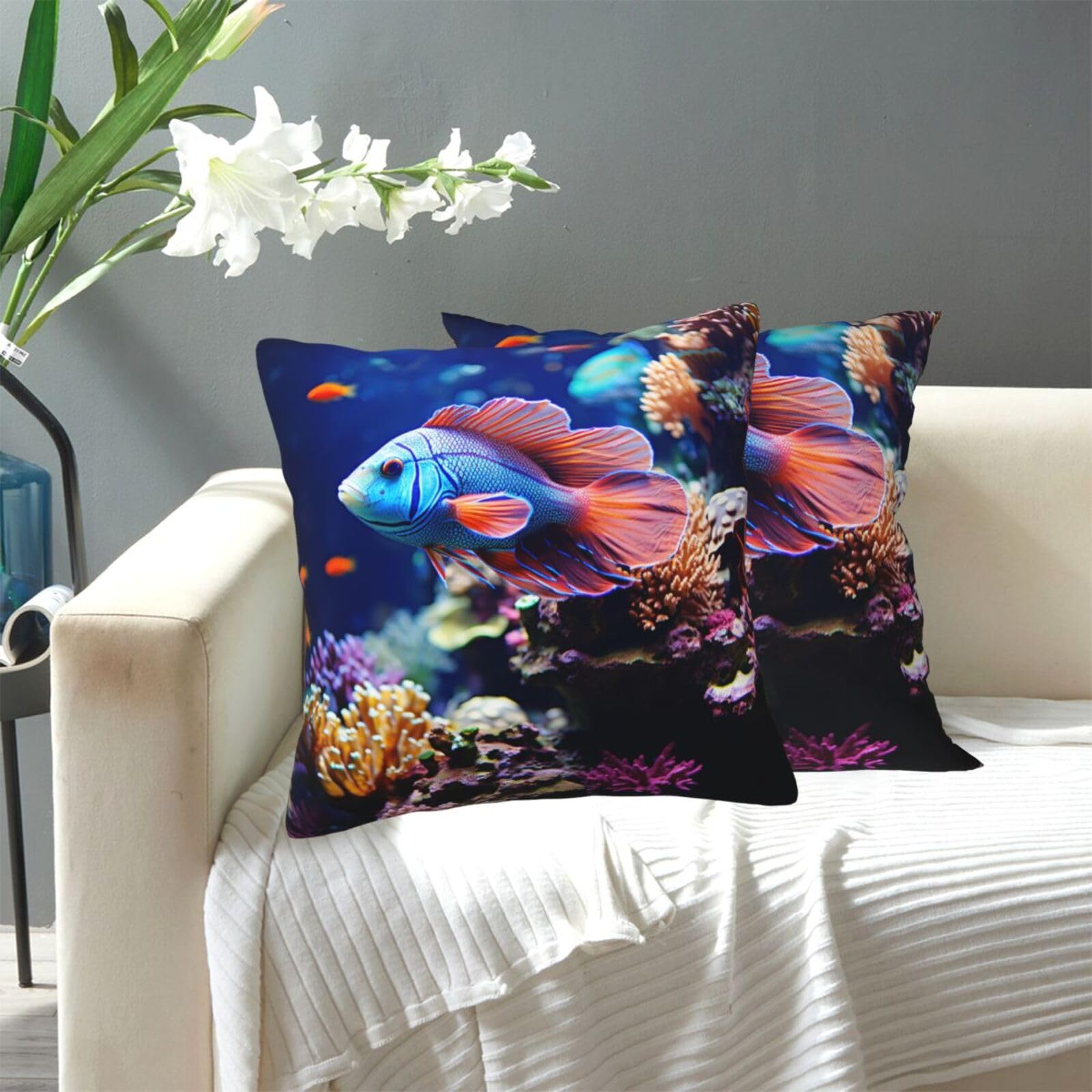 FekiLoot Decorative Throw Pillow Covers Modern Farmhouse Pillowcase Double Sided Cozy Cushion Cover for Sofa Couch Bed 20"X20" Coral Reef Fish Aquarium