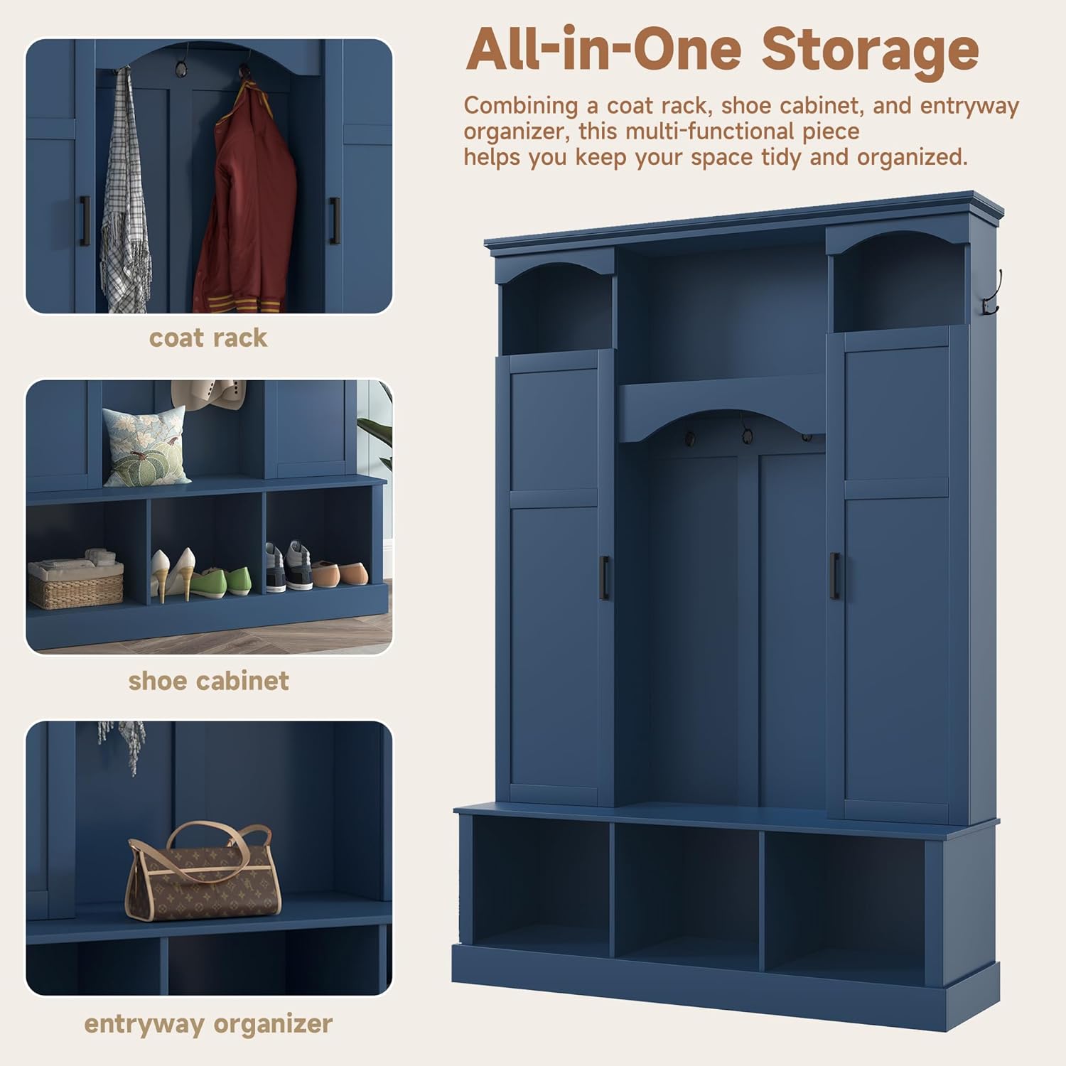 LUMISOL Farmhouse Hall Tree with Storage Bench for Entryway, Arched Entryway Organizer with Adjustable Shelves & 7 Hooks, 77.3" H Entryway Coat Rack with Dual Side Cabinets for Living Room, Blue