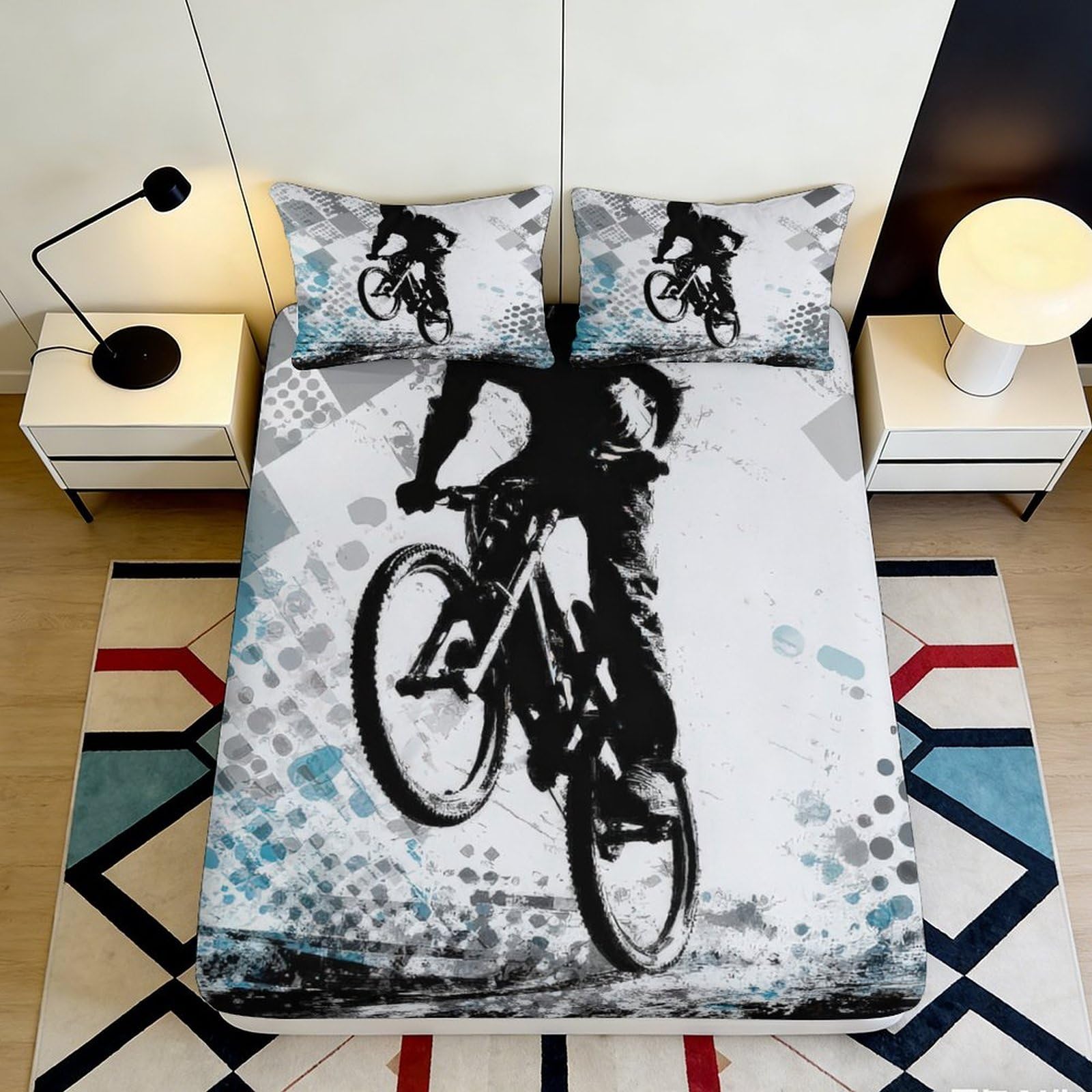3D Printed BMX Rider Fitted Sheet Microfiber Soft Breathable Urban Street Graffiti Mattress Cover Bedroom Decor 90x200x25cm