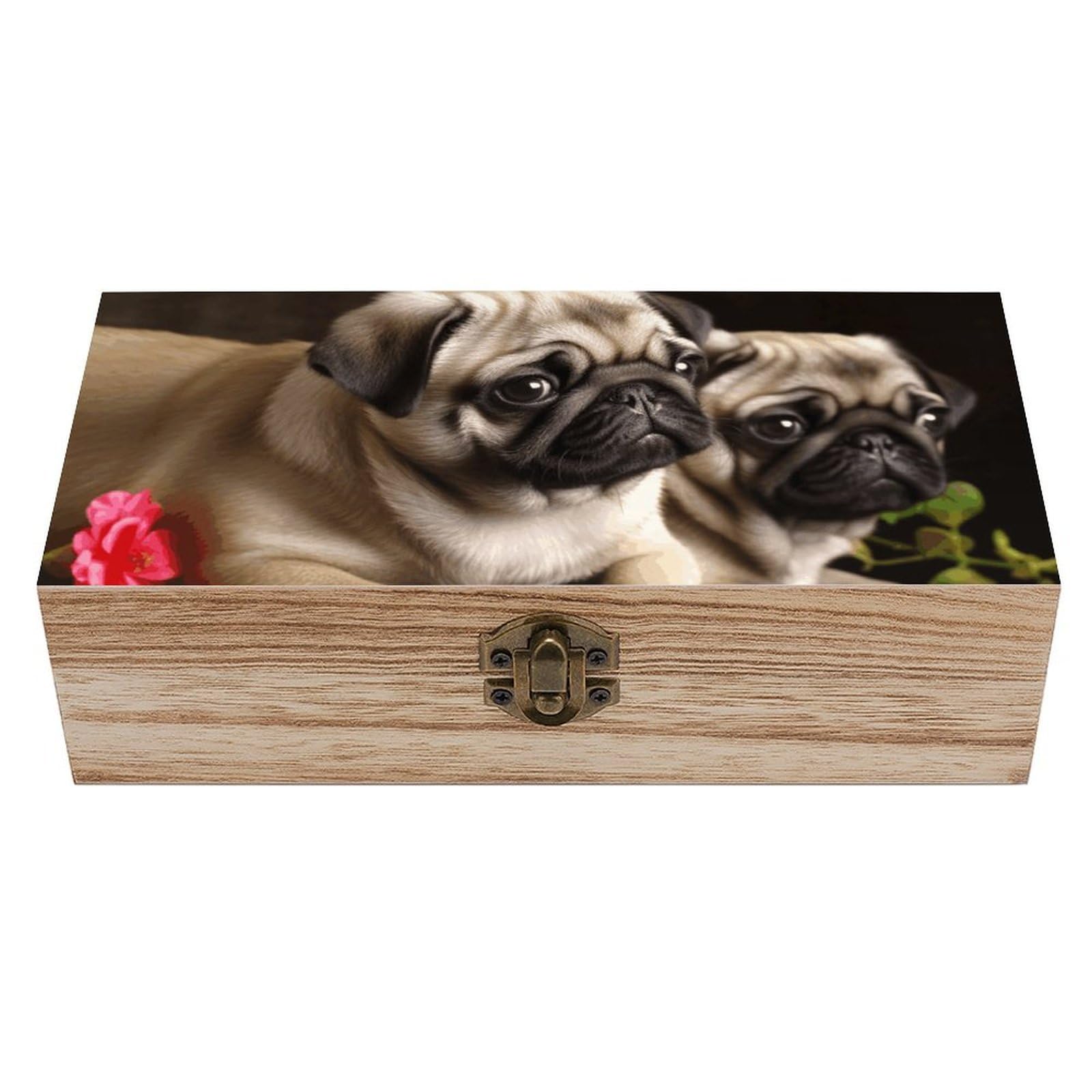 LZQPOEAS Puppys Pug Wooden Storage Box Small Decorative Box with Hinged Lid Handmade Elegant Keepsake Storage Box for Jewelry, Photos, Trinkets, Letter Gifts, Small Heirlooms