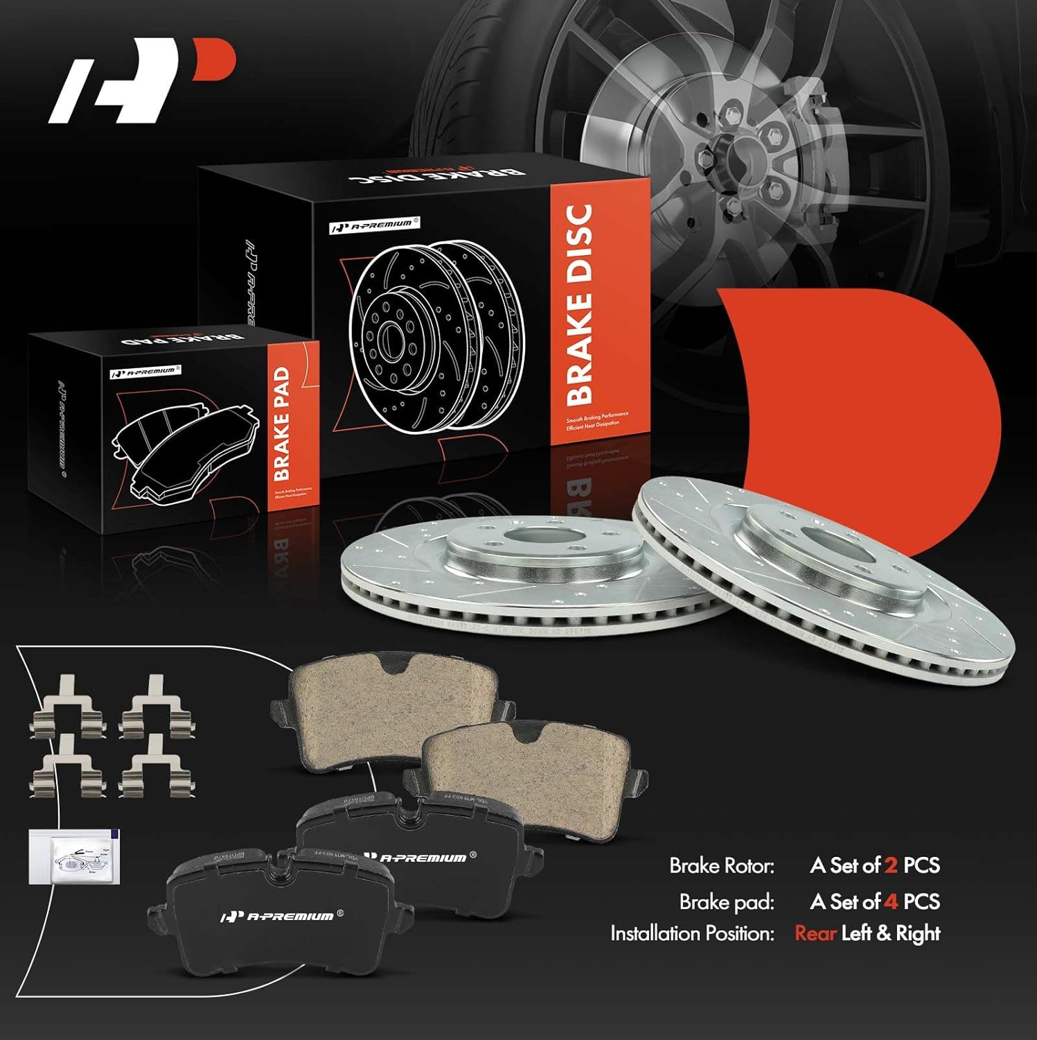 A-Premium 12.99 inch (330mm) Rear Drilled and Slotted Disc Brake Rotors + Ceramic Pads Kit Compatible with Select Audi and Porsche Models - A6, Macan, A6 Quattro, A7 Quattro, A8 Quattro, S7, 6-PC Set