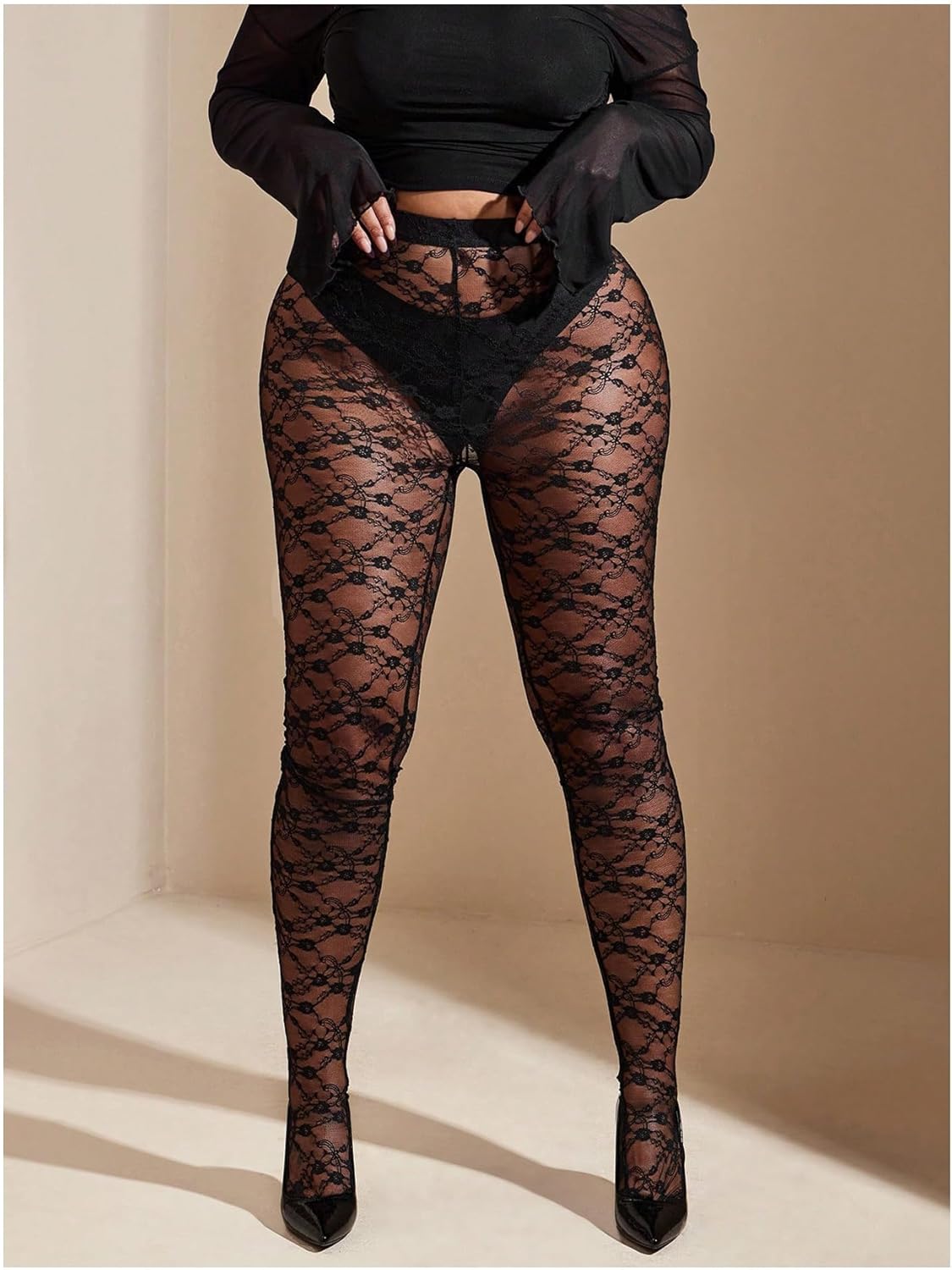 WDIRARA Women's Plus Size Lace Tights Sexy Sheer Leggings High Waist Skinny Pants Pantyhose - Image 3