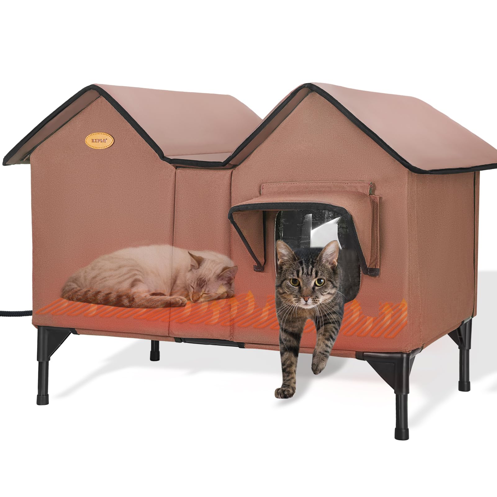 Niche chauffante pour chats d'extérieur en hiver, très grande maison chauffante d'extérieur résistante aux intempéries avec base surélevée et porte d'évasion, abri imperméable pour chats sauvages