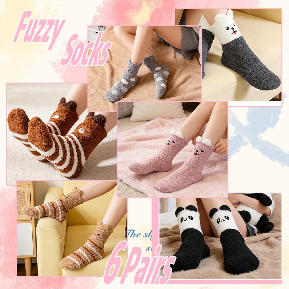 6 Pairs Womens Fuzzy Socks Winter Warm Soft Cozy Fluffy Microfiber Slipper Socks for Home Sleeping Cute Animal Socks - Image 5