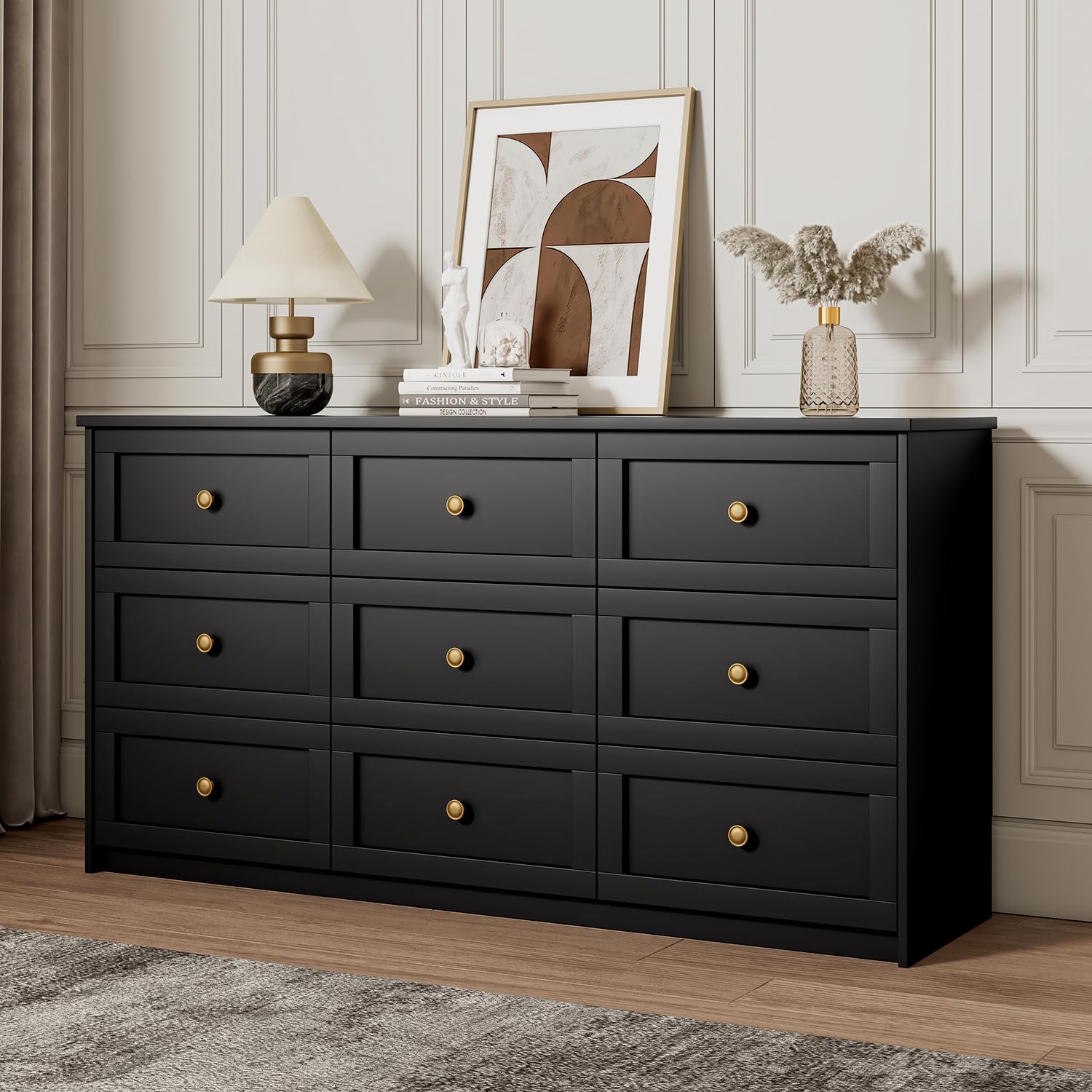 Diagram showing the dimensions of the HOUROM 9-Drawer Double Dresser: 59.1 inches wide, 15.7 inches deep, 31.5 inches high. Also shows individual drawer dimensions and weight capacities.