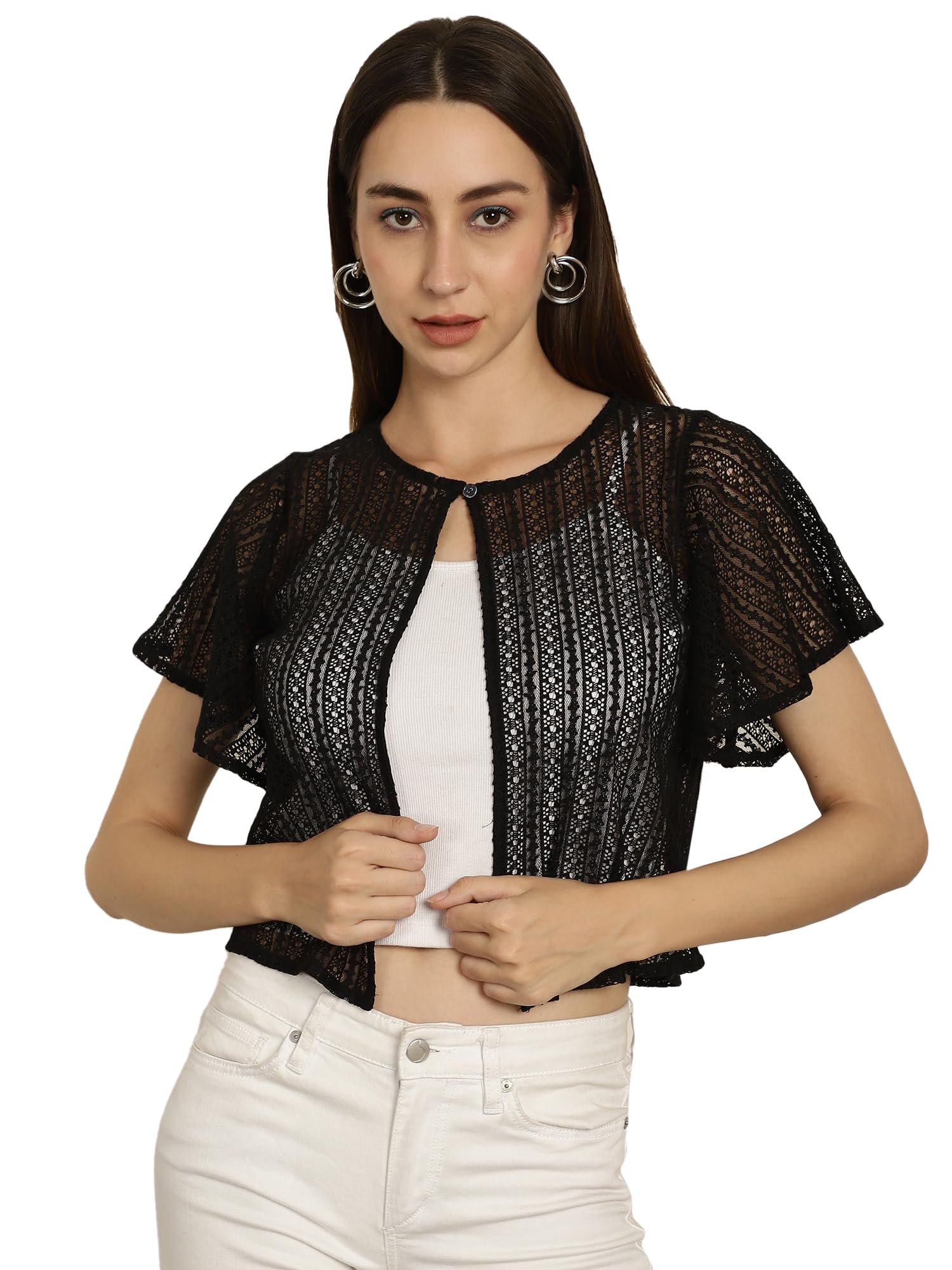 FineMeWomen Latest Front Open | Cotton Self Designed Flared Sleeves Lace Shrug