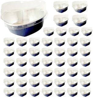 50 moldes de aluminio para tartas con tapas, molde de aluminio en forma de corazón, bandeja para hornear resistente al calor, color azul oscuro
