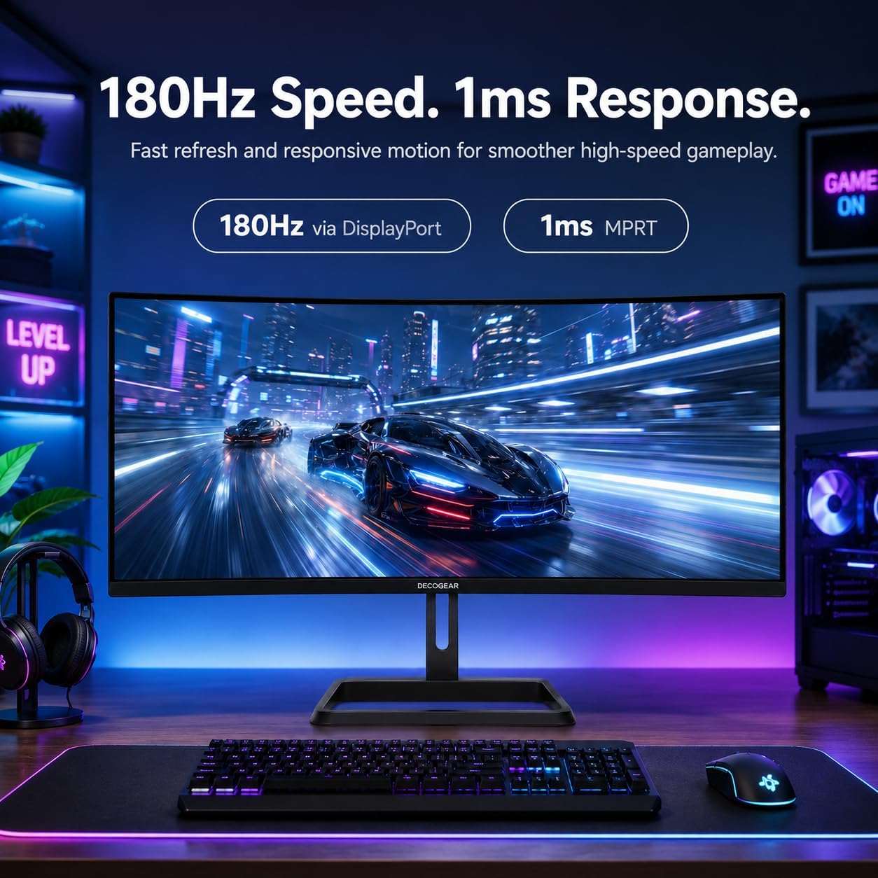 Deco Gear 34” Curved Gaming Monitor, 180Hz 3440×1440 Ultrawide UWQHD Screen for Laptop & PC, Adaptive Sync, R1500 VA Panel, HDR, 100% sRGB, Dual HDMI/DP, 21:9, VESA Mount, American Seller image 3