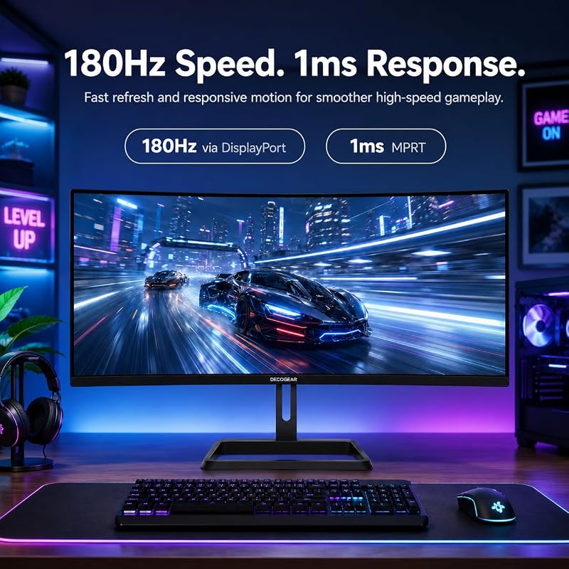 Deco Gear 34" Curved Ultrawide Gaming Monitor, 180Hz, UWQHD(DGVIEW304) | 3440 × 1440 Resolution, 1ms MPRT, Adaptive Sync, HDR, VESA Mount, R1500, PIP/PBP, Ergonomic Stand, Low Blue Light image 3