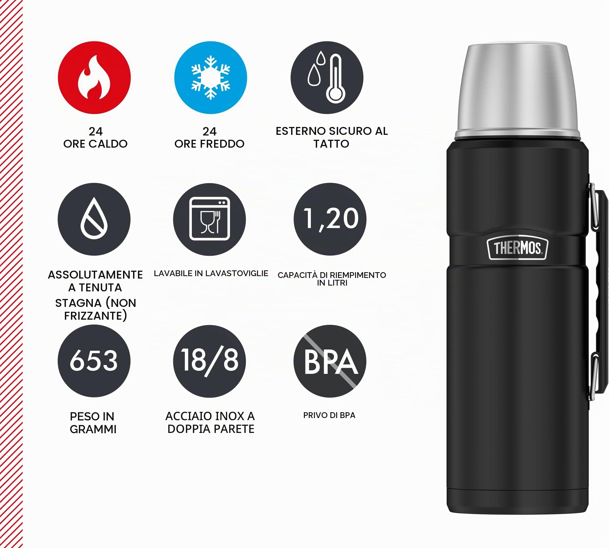 THERMOS Thermos King in acciaio inox, nero 1,2 l, thermos con bicchiere 4003.232.120 lavabile in lavastoviglie, thermos mantiene caldo 24 ore freddo per 24 ore, senza BPA
