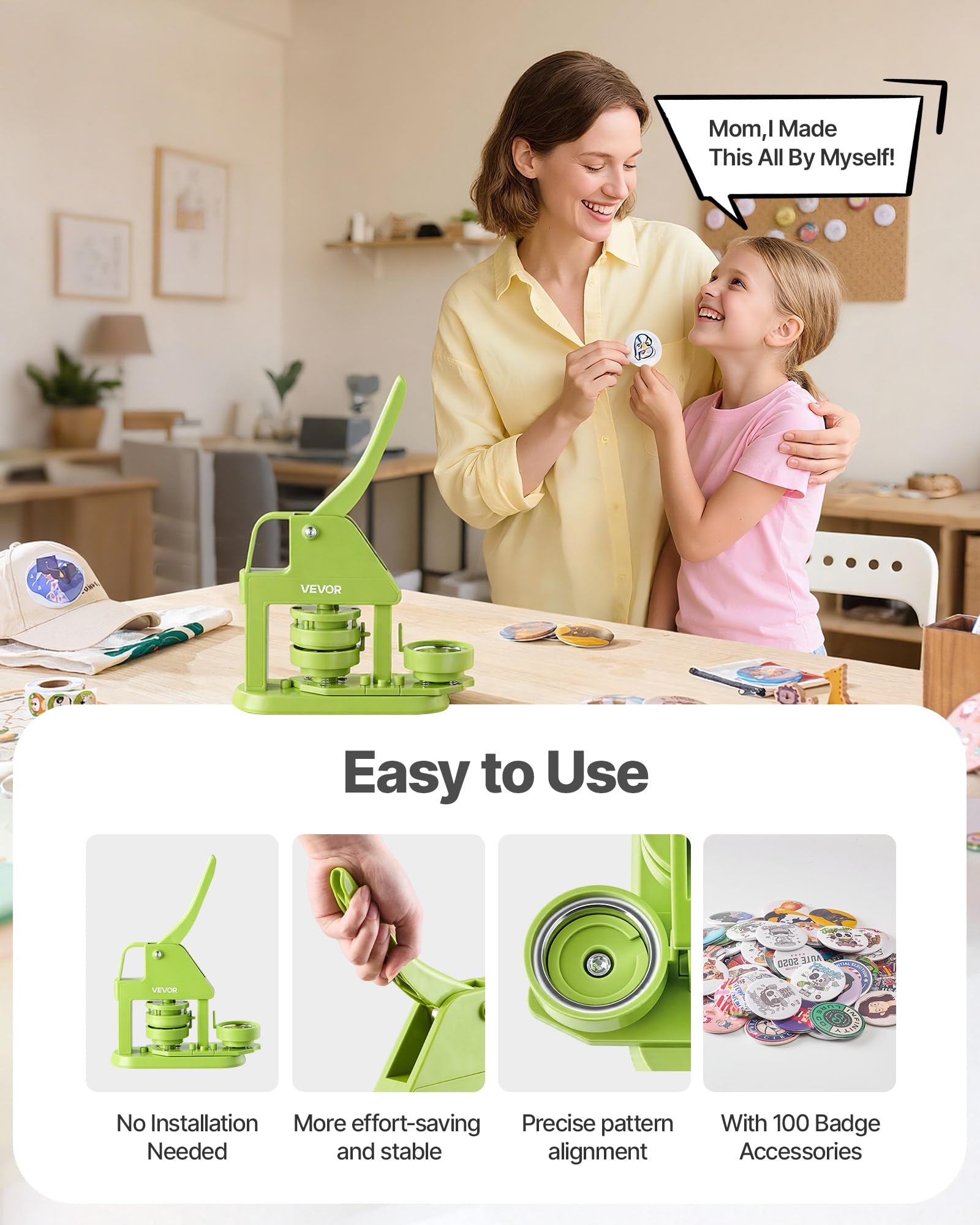 VEVOR Machine à Badge Bouton, 58 mm, Presse à Badges en Plastique avec 100 Kits de Badges, Cutter Circulaire, Clés Hexagonales, Poignée Ergonomique, pour DIY Personnalisation, Enfants et Adultes, Vert
