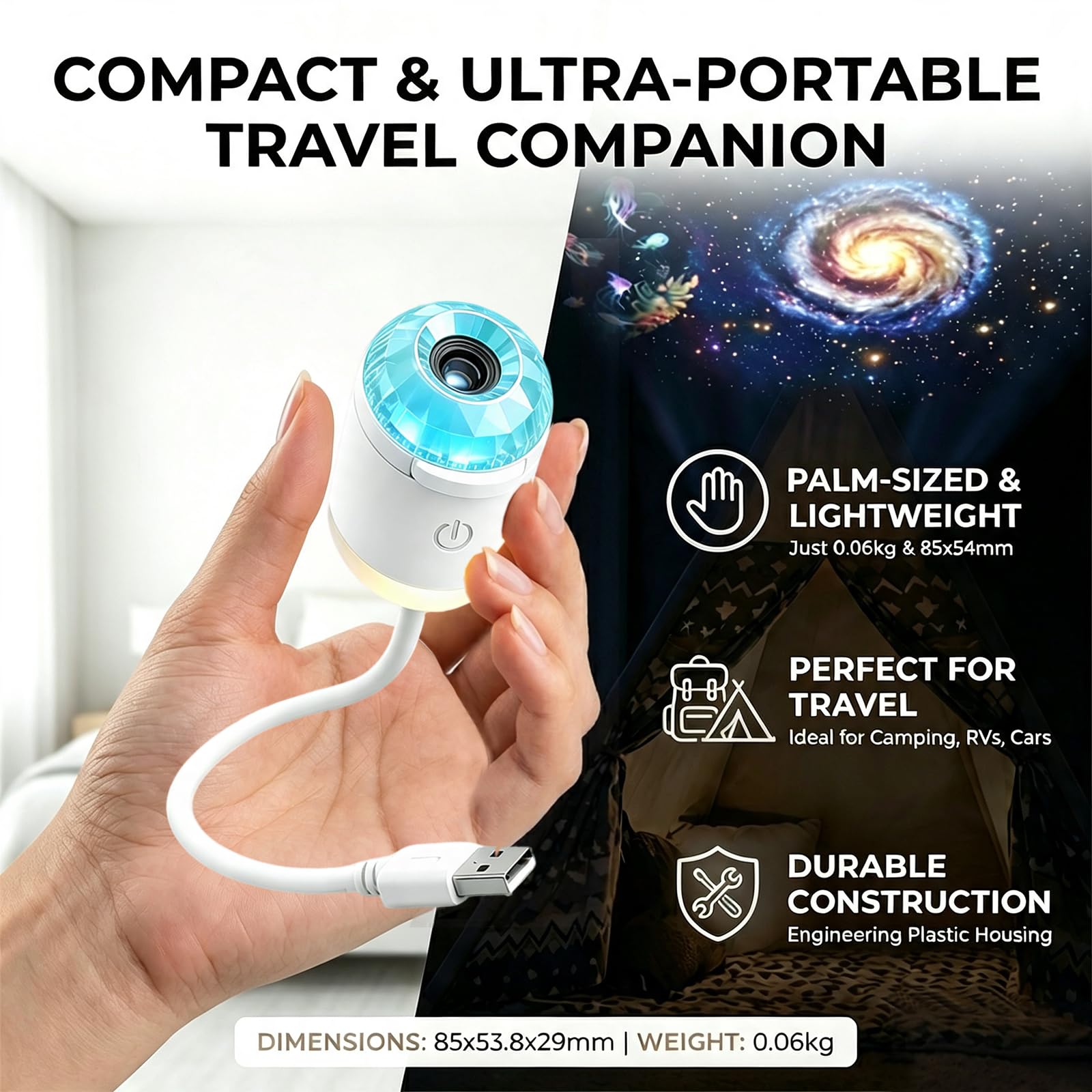Proiettore di luce notturna 2 in 1 con 24 pellicole di proiezione, cistal blu luminosità regolabile 360° Plug and Play USB portatile Mini LED