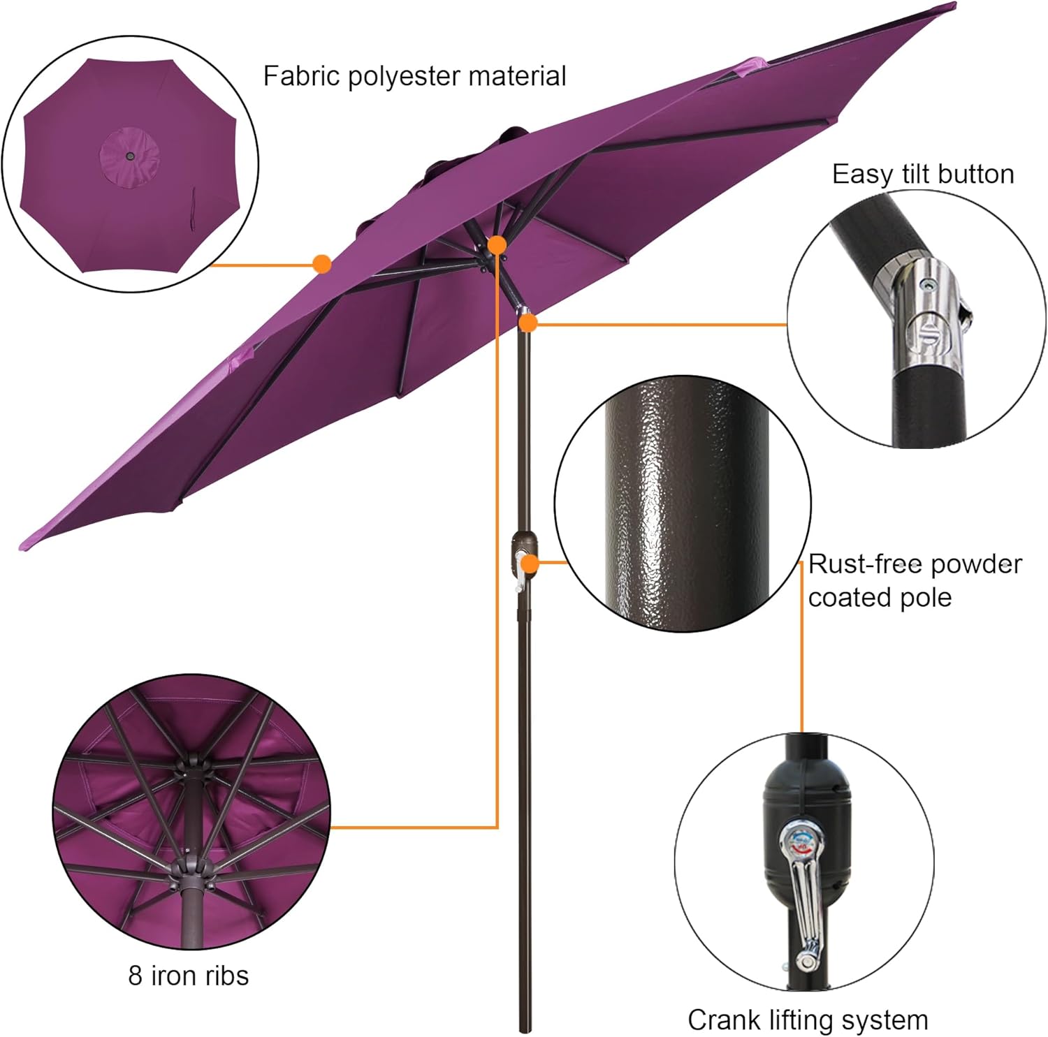 Blissun 9' Outdoor Patio Umbrella, Outdoor Table Umbrella, Yard Umbrella, Market Umbrella with 8 Sturdy Ribs, Push Button Tilt and Crank Purple
