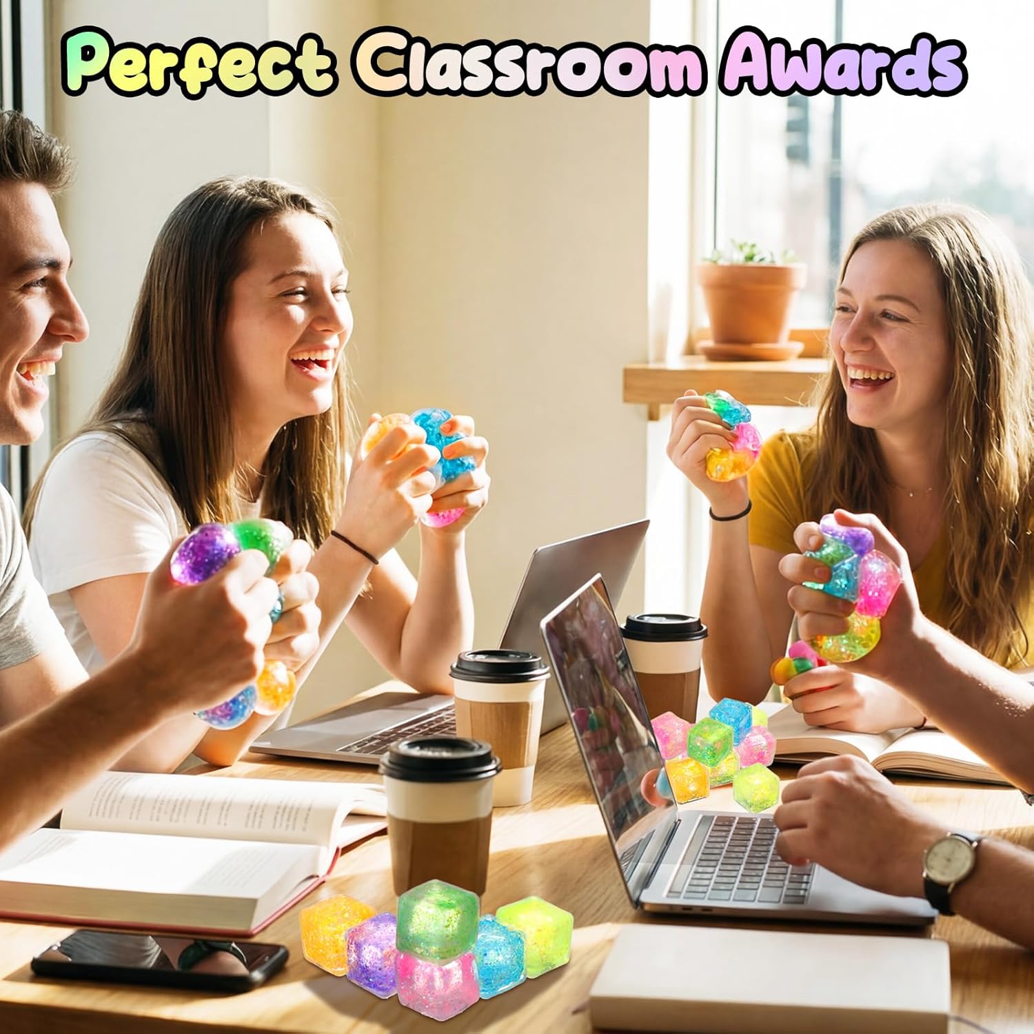 42 Pcs Glitter Stress Cube Ice Cube Stress Ball Colorful Square Mini Squeeze Sensory Balls Bulk for Anxiety Relief Party Favors Bag Stuffers