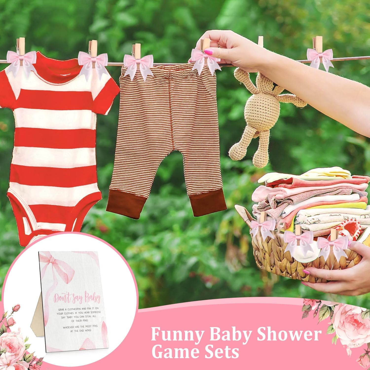 Pink Bow Don't Say Baby Baby Shower Game, 51Pcs Clothes Pins Game for Baby Shower, 1 Sign and 50 Bow Wooden Clothespins, Gender Reveal Party Favors Decorations
