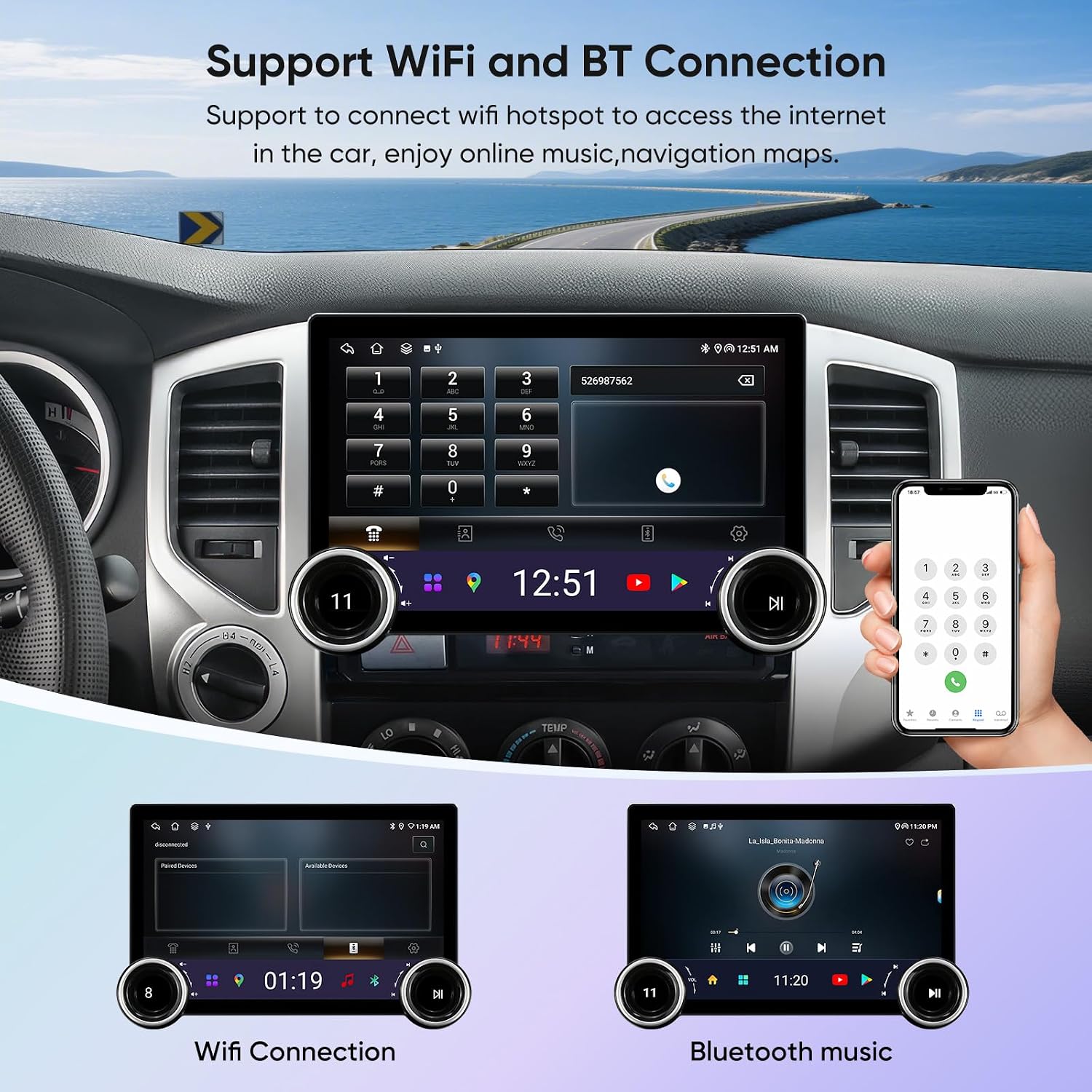 11.5" Car Stereo Dash Kit Replacement for Toyota Tacoma Radio Upgrade 2005-2015,QLED Touch Screen Head Unit w/Wired Wireless CarPlay Andriod Auto GPS Navigation 5GWiFi FM/AM Double Knob (6+128G)