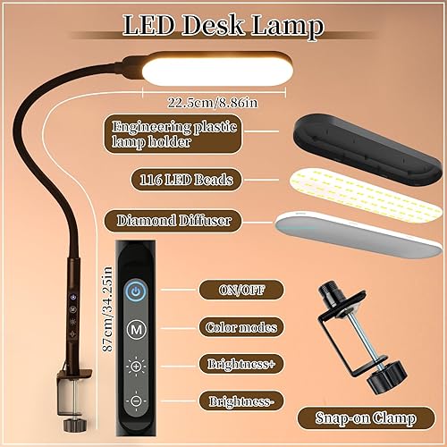 Miniatura 6 de BQAN Lámpara de escritorio LED con abrazadera, 15 W con clip para cuidado de los ojos, lámparas de escritorio de cuello de cisne ajustable para