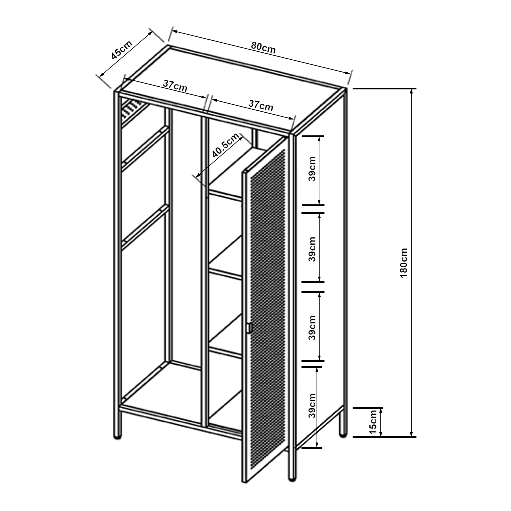 [en.casa] Szafa na ubrania Puumala 180 x 80 x 45 cm, szafa do sypialni, metalowa szafka z 4 półkami i 1 drążkiem na ubrania, metalowa, czarna