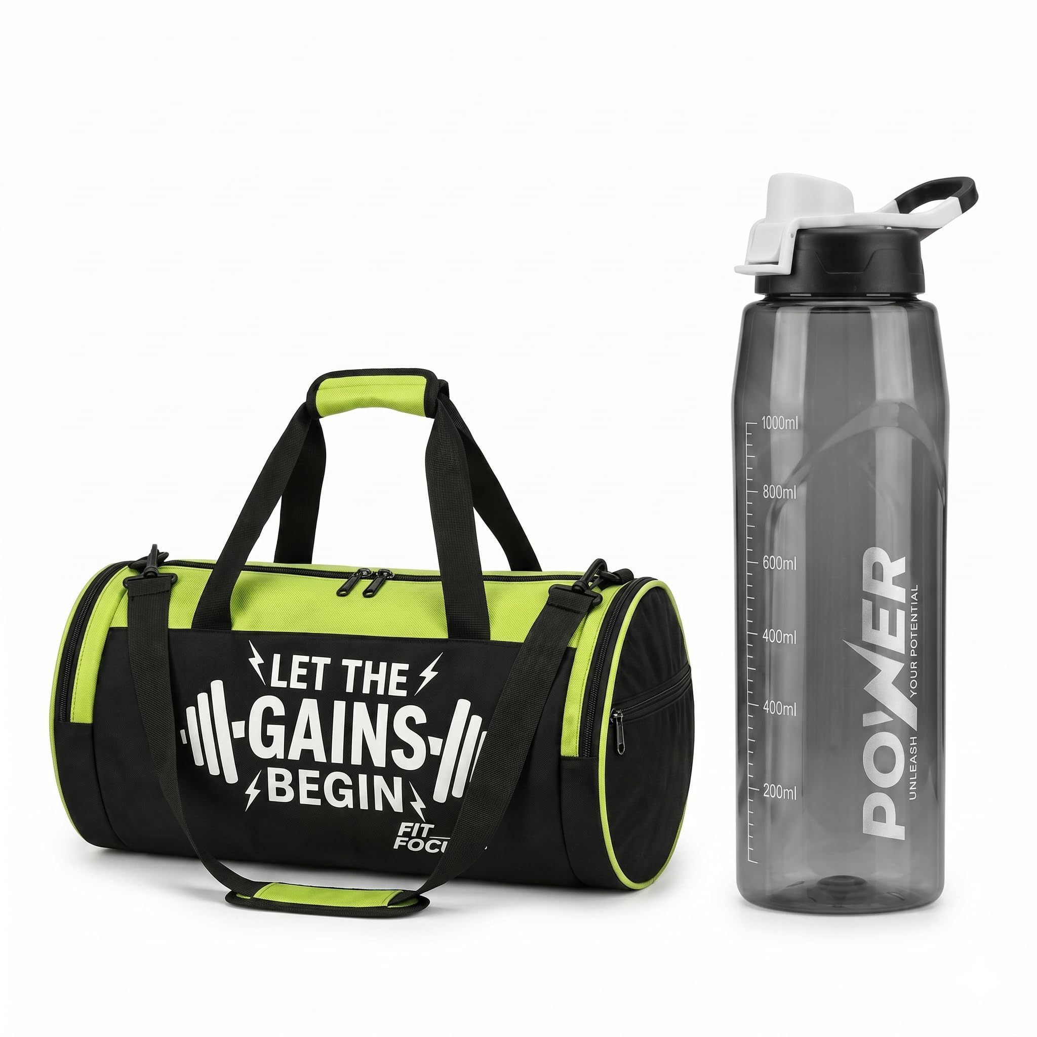 Gym Duffle Bag & 1L Water Bottle Set - Durable Sports Travel Bag with 1000ml BPA-Free Leakproof Sipper Bottle - Versatile Fitness Pack for Men & Women, Workout, Office & Home (Black & Green)-image-17