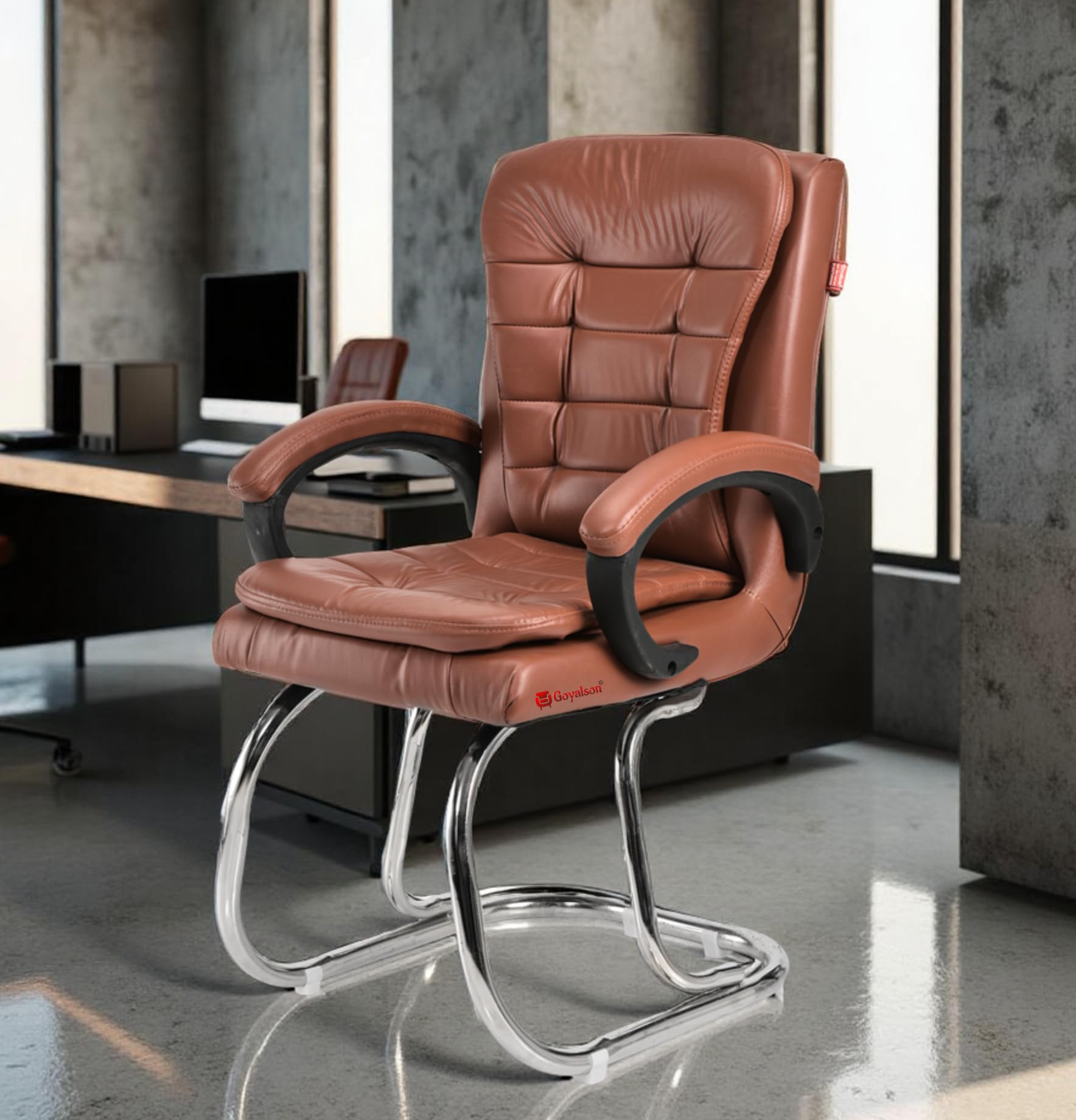 Leatherette Double Cushion Office Guest Chair Sleek, Comfortable Seating for Visitors in Lobby, Reception, or Home Office (1, Brown, Double Pipe Chrome Steel Frame)-image-1