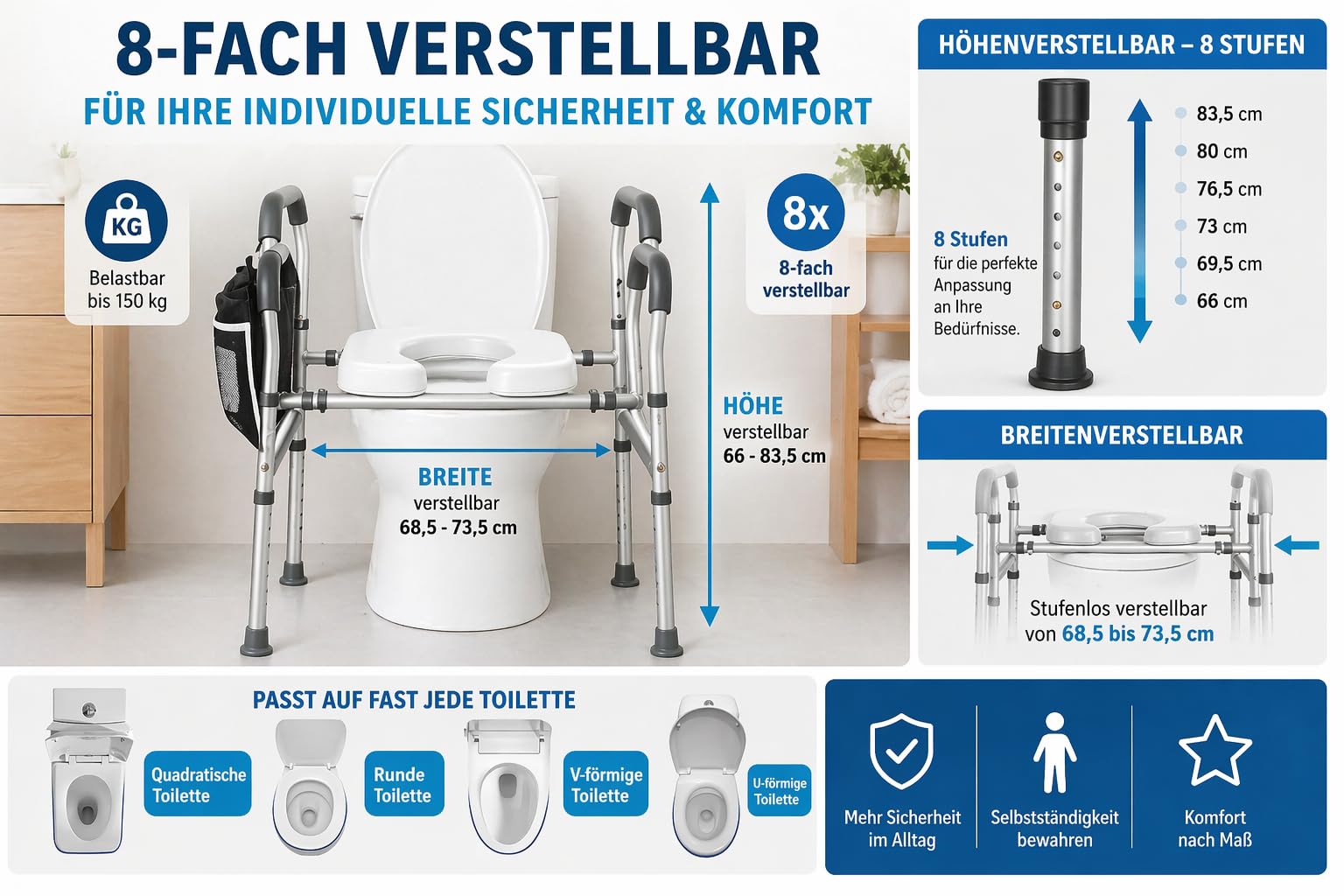 Toilettensitzerhöhung mit Griffen WC-Sitzerhöhung mit Aufstehhilfe 8-fach höhenverstellbar breitenverstellbarer erhöhter Toilettensitz stabiler Toilettenerhöhung, mit deutscher Anleitung