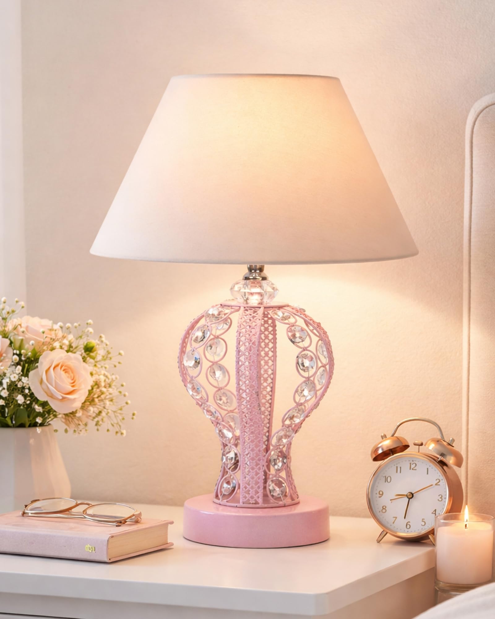 Homesake Modern Round Small Crystal Table Lamp | Contemporary Bedroom Bedside Nightstand Lamp | Accessories, Desk Globe Lamp for Living Room Girls Kids Room, Goglet, Cone (Pink)-picture-41