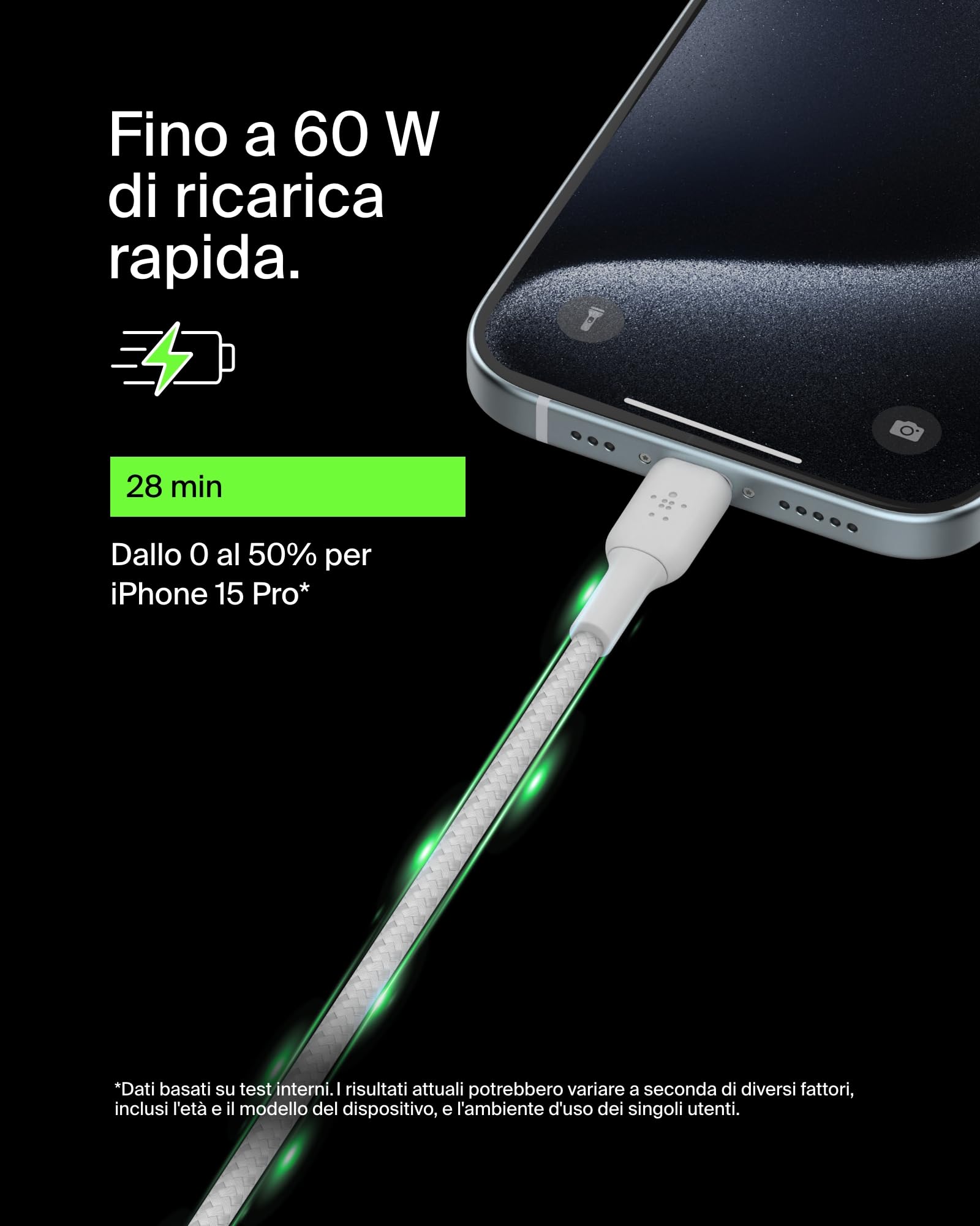 Belkin BoostCharge Pro Flex Cavo intrecciato da USB Type C a USB C, cavo di ricarica rapida PD, certificato USB-IF per iPhone 16/15, Galaxy S24