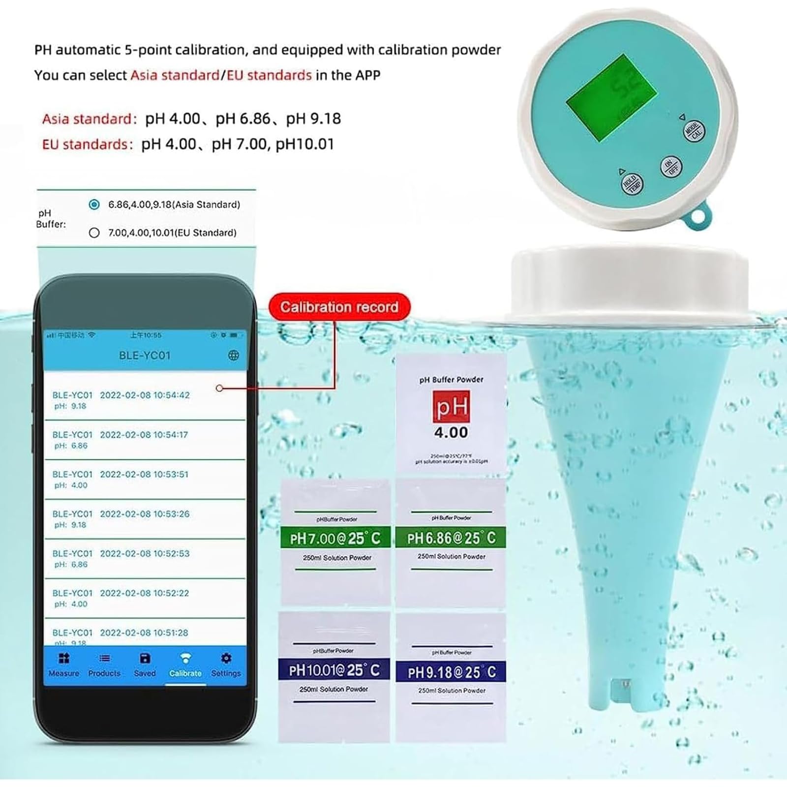 Detector Calidad Del Agua, Probador Calidad Del Agua Piscina Wimming, Medidor 6 En 1 Con Bluetooth, Medición Profesional PH, Redox, Cloro, EC Temperatura, Adecuado Para Agua Potable Casa, Hidroponía