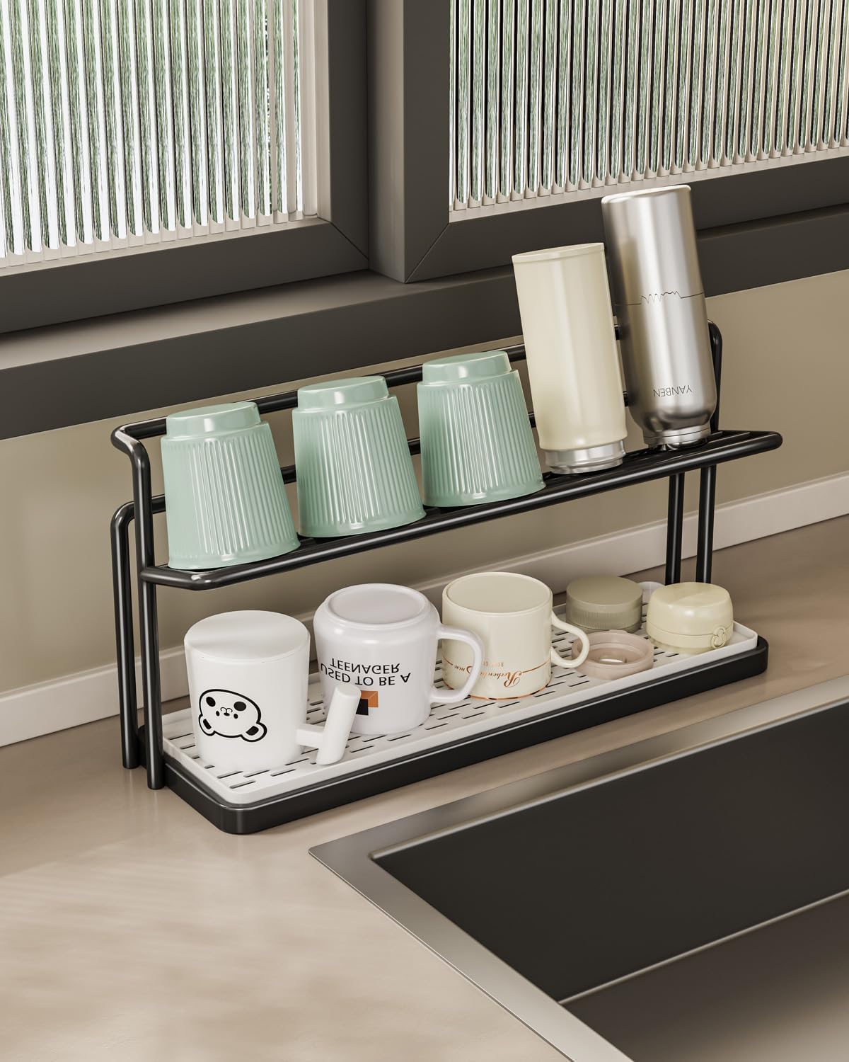 Bottle Drying Rack for Kitchen Countertop - Two-Tier Design for Water Bottles and Tumblers, Space-Saving Storage Stand with Drainage Tray, Black
