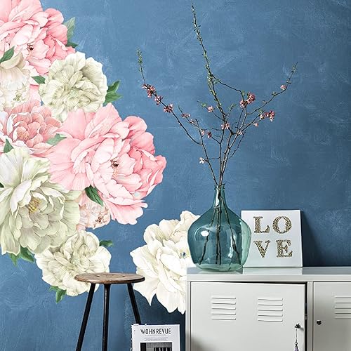 Miniatura 1 de Calcomanías de pared de acuarela de peonía gigante, calcomanías de pared florales grandes, calcomanías de pared de peonías rosas y blancas,